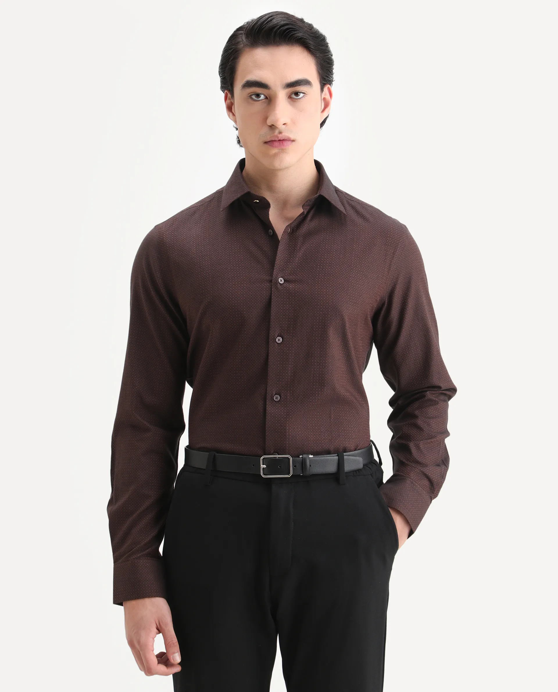 Rare Rabbit Men's Blin Brown Cotton Blend Spread Collar Regular Fit Jacquard Shirt