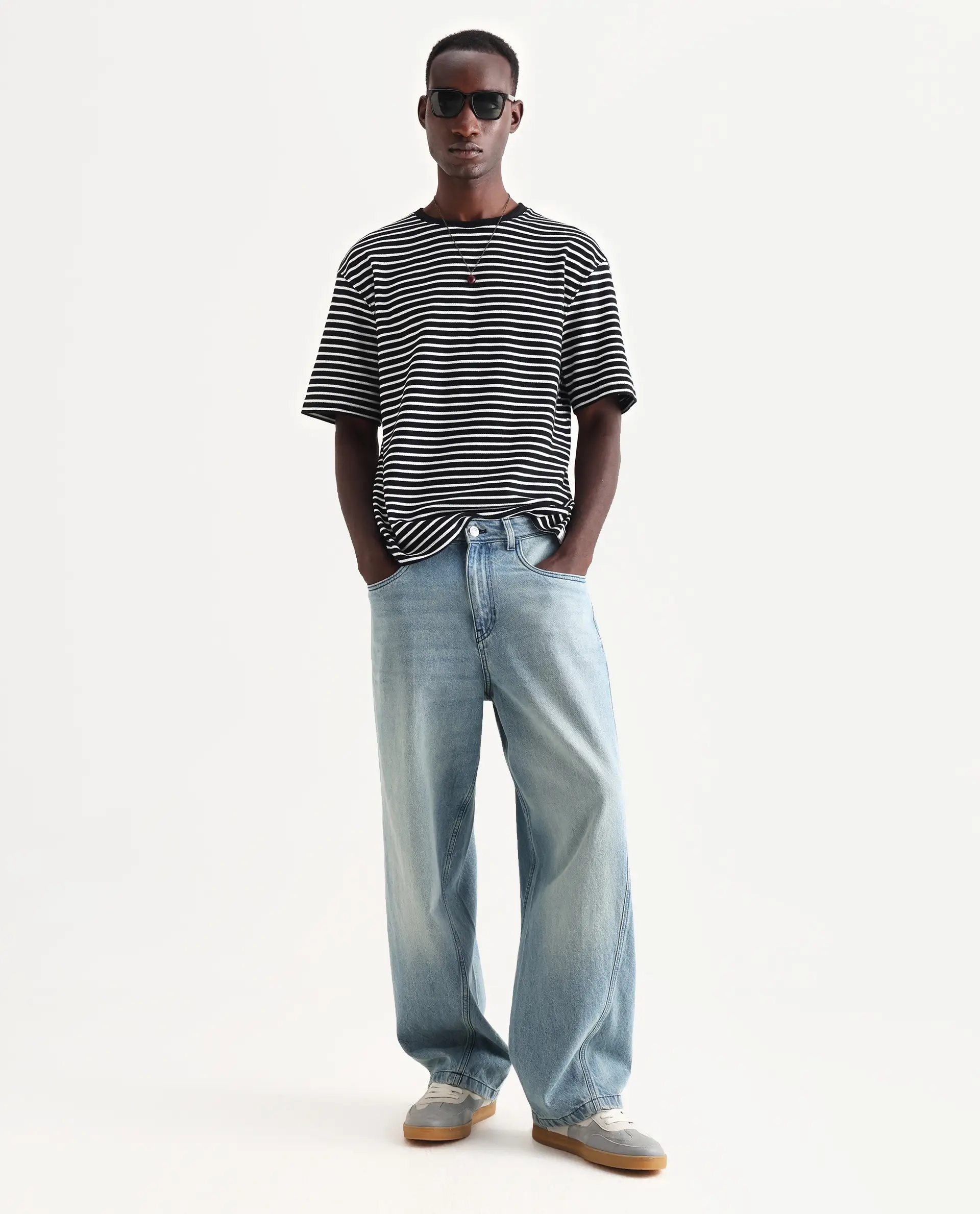 Rare Rabbit Men's Bo Blue Cotton Plain Baggy Fit Jeans
