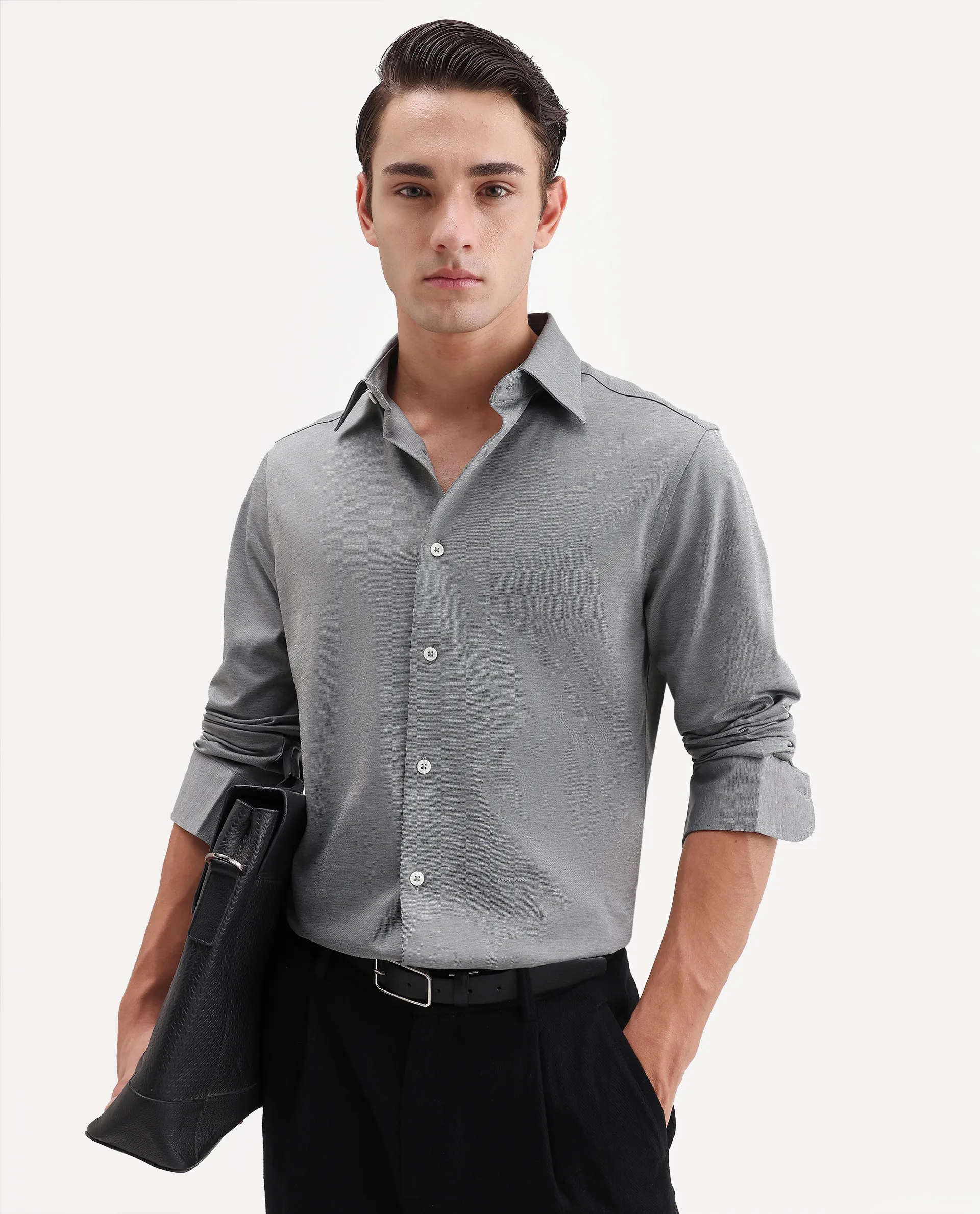 Rare Rabbit Men's Bogi Light Grey Cotton Blend Full Sleeve Spread Collar Regular Fit Plain Shirt