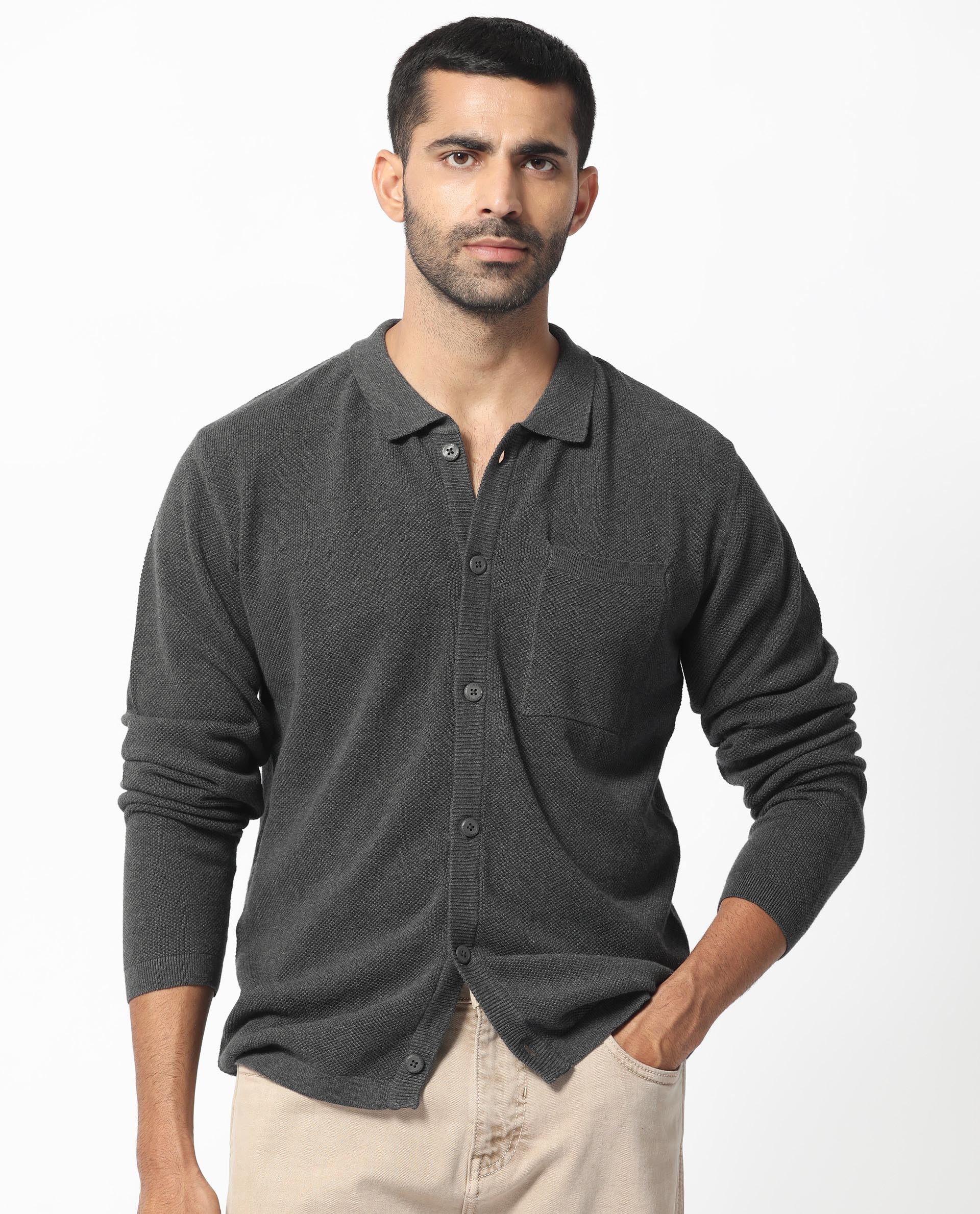 Rare Rabbit Men's Boise Ls Dark Grey Cotton Plain Regular Fit Full Sleeve Collared Shirt