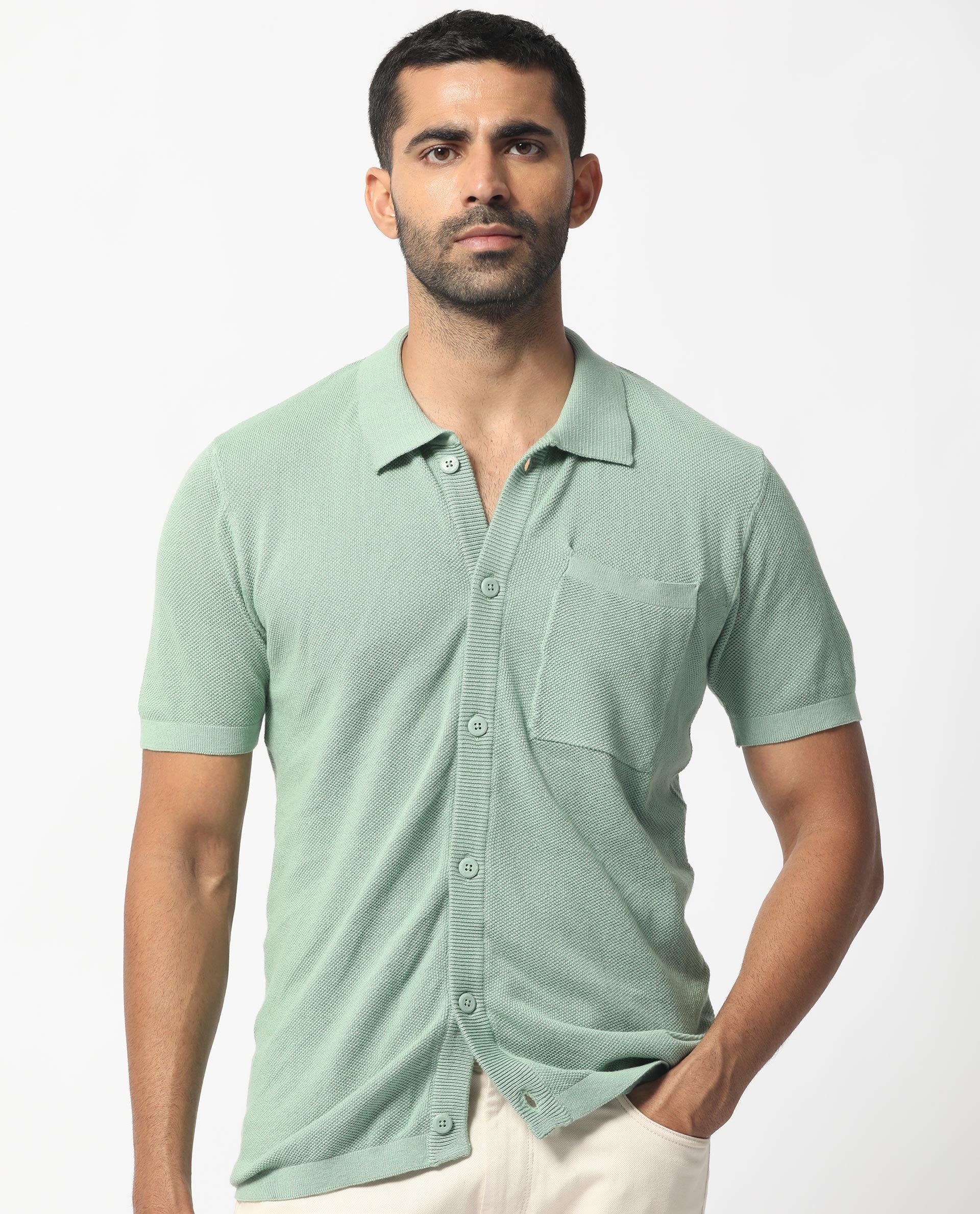 Rare Rabbit Men's Boise Ss Dusky Green Cotton Plain Regular Fit Half Sleeve Collared Shirt