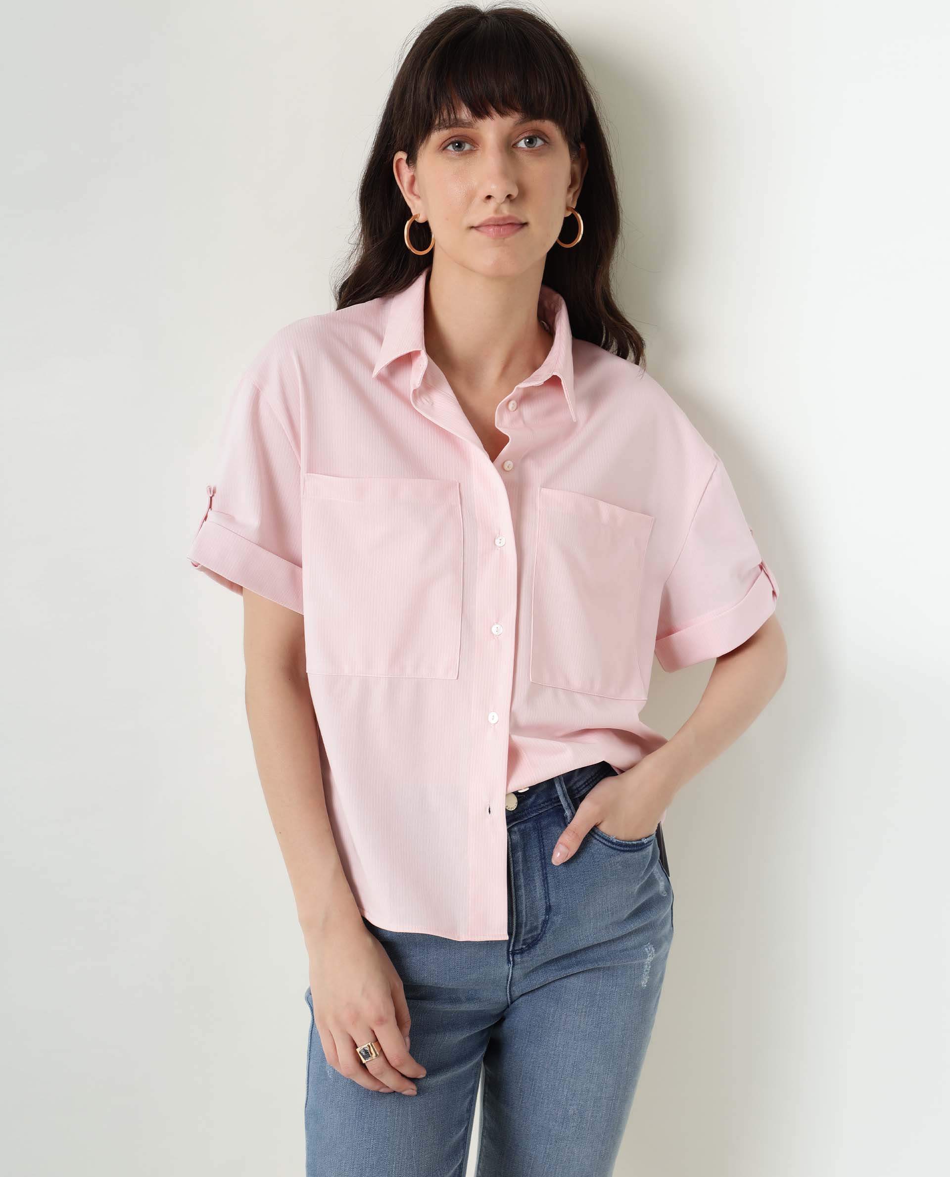 Rareism Women's Bolero Pink Spread Collar Plain Regular Fit Top