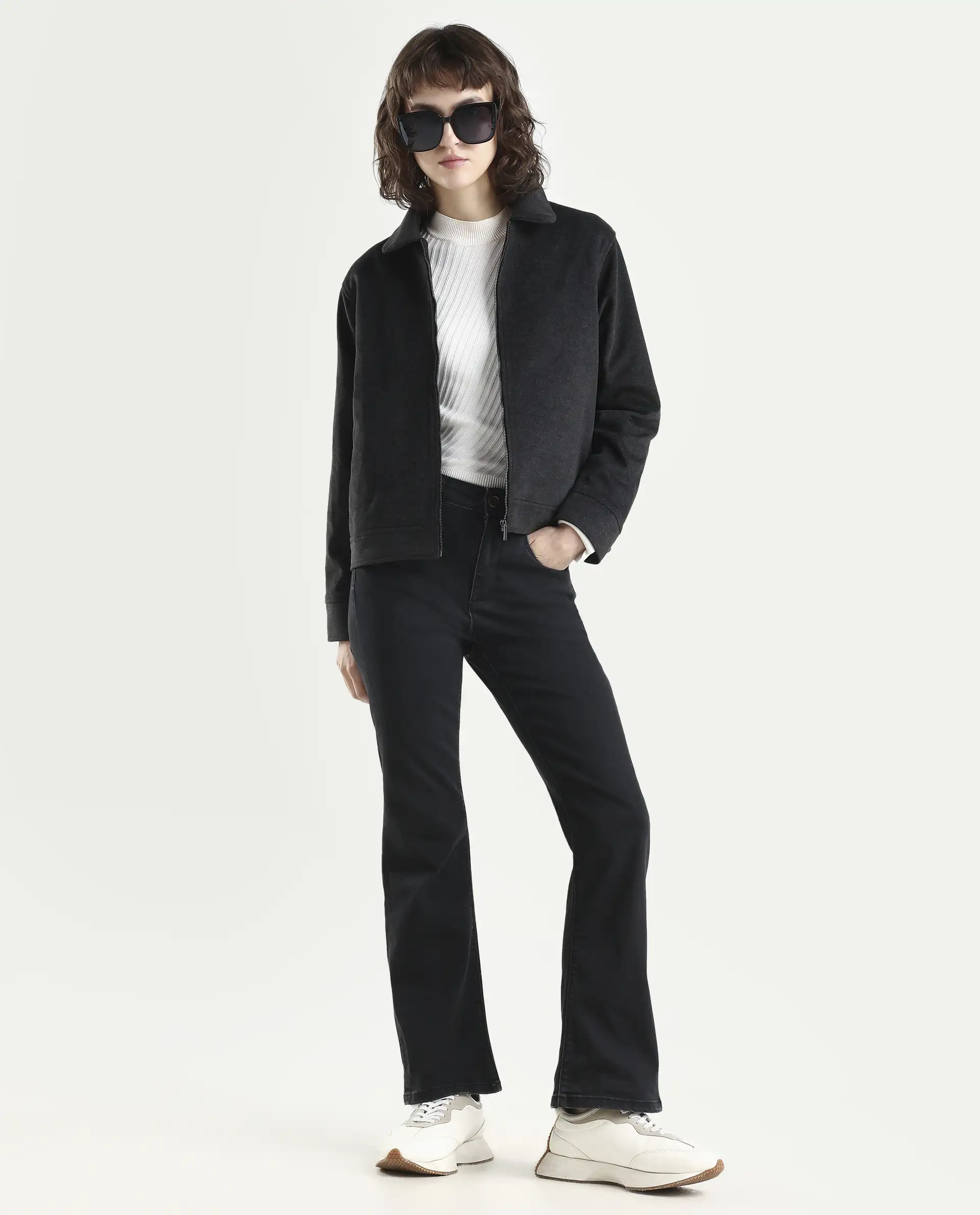 Rareism Women's Booter Black Cotton Blend Plain Ankle Length CLASSIC BOOTCUT Jeans