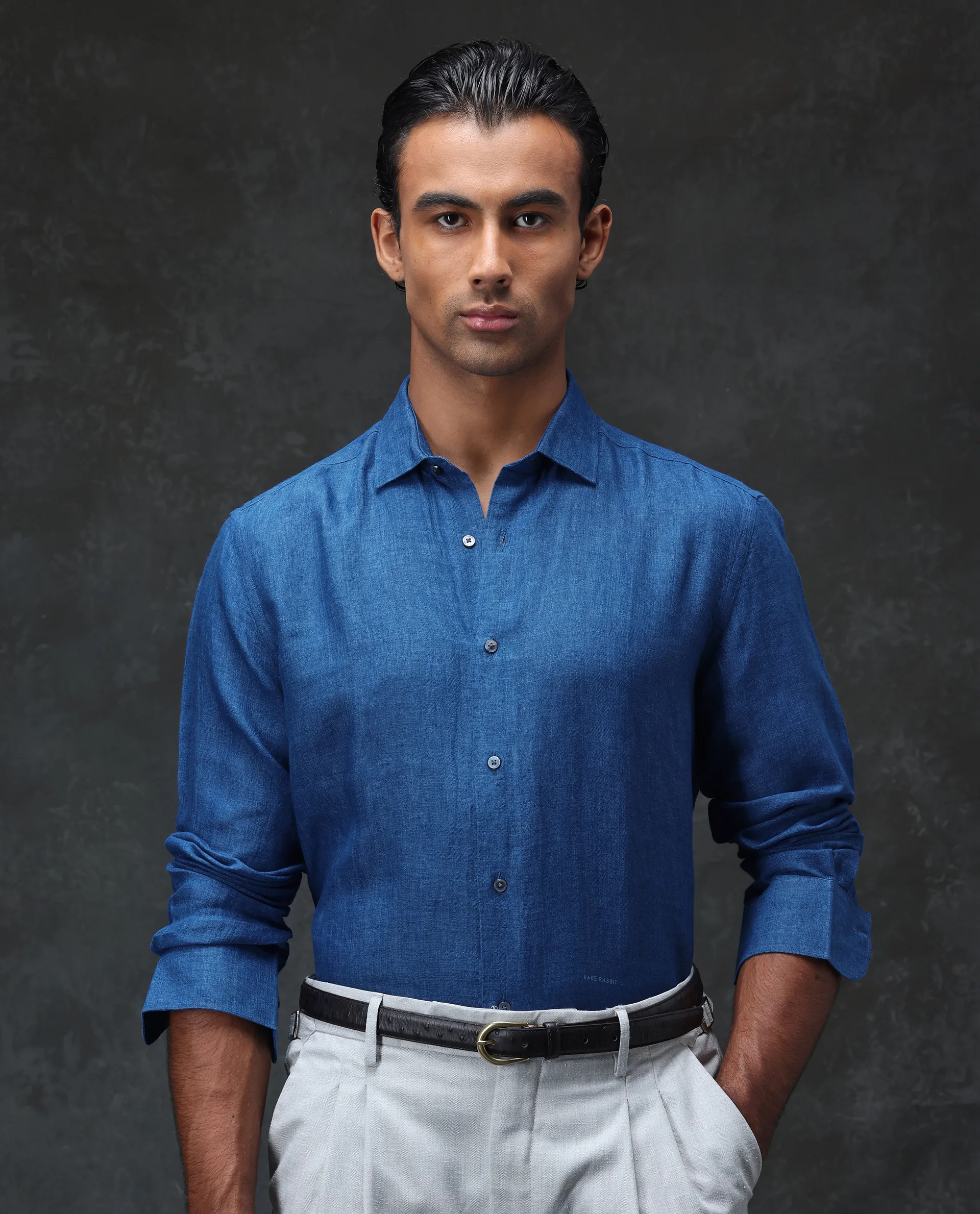 Rare Rabbit Men's Borium Blue 100% Linen Plain Regular Fit Full Sleeve Collared Shirt