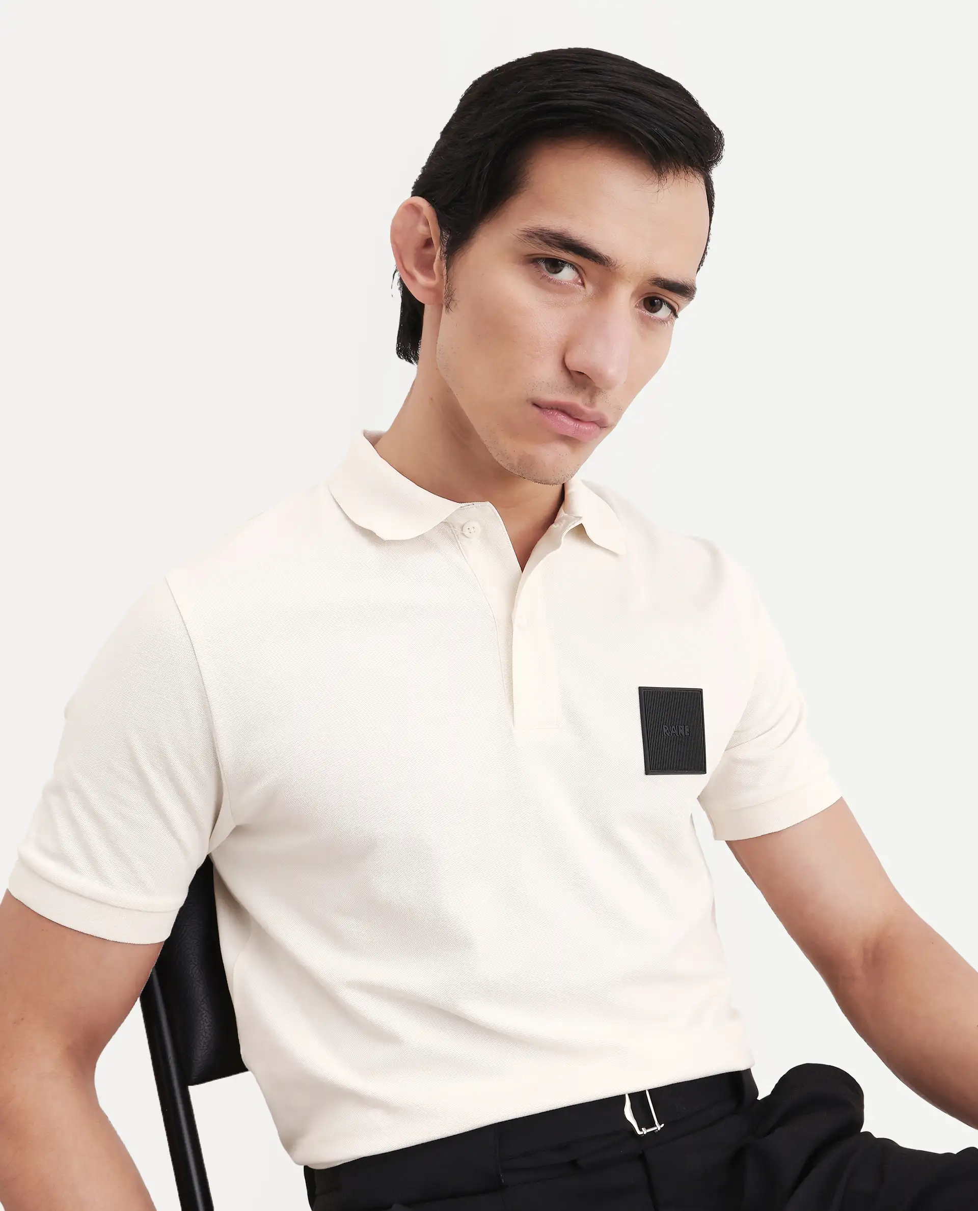 Rare Rabbit Men's Boro Off White Cotton Blend Fabric Half Sleeve Spread Collar Regular Fit Plain Polo