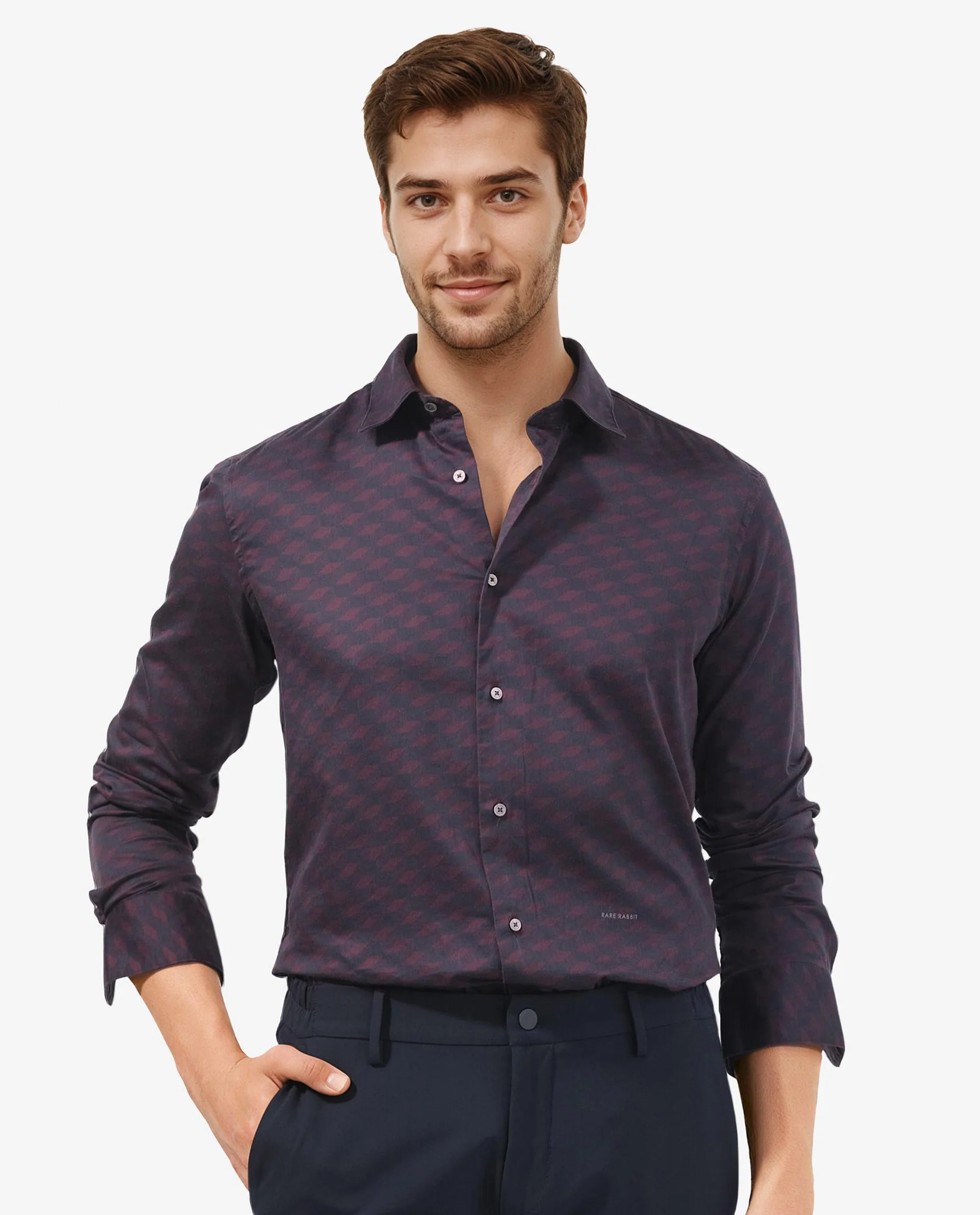 Rare Rabbit Men's Botcheyy Maroon Cotton Geometric Print Regular Fit Full Sleeve Collared Shirt