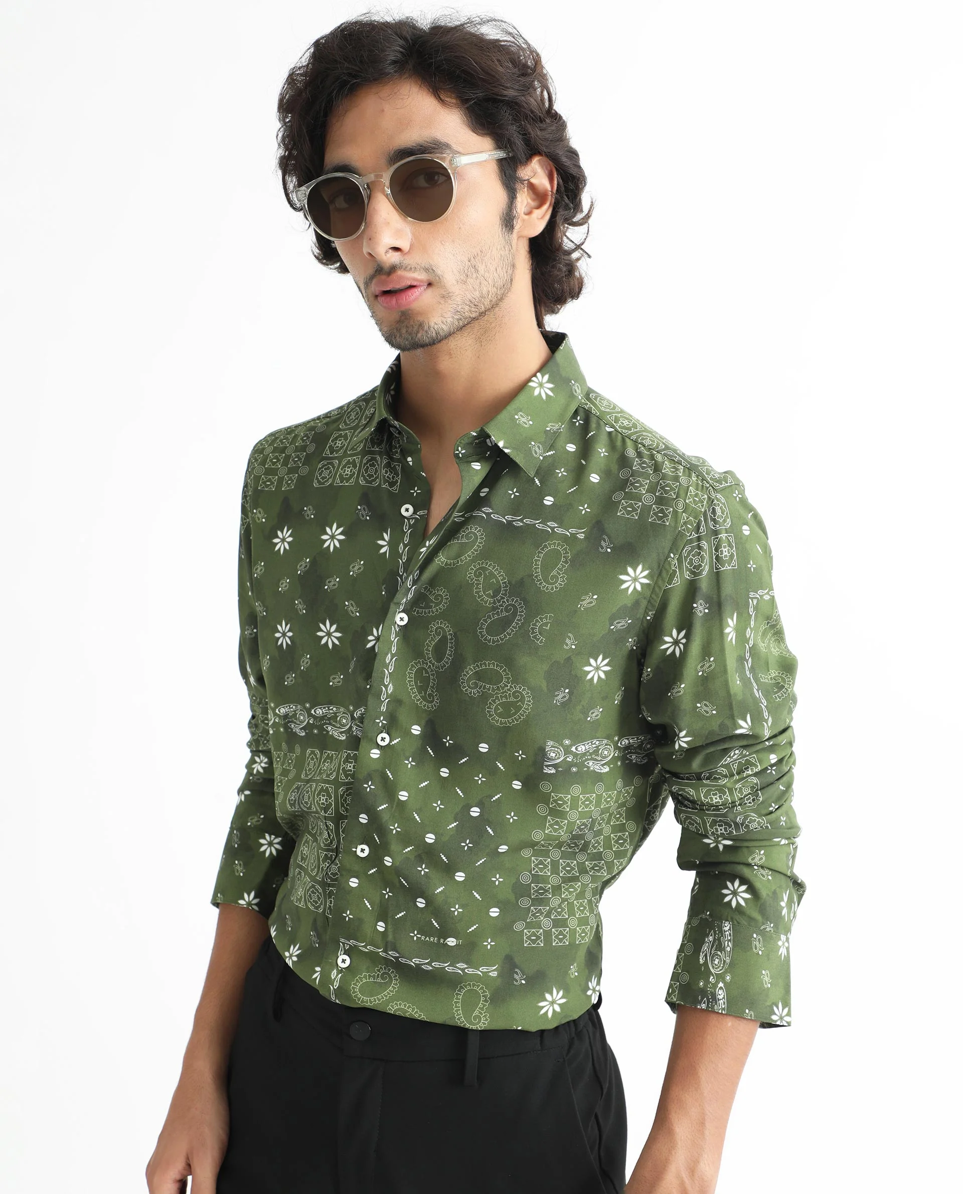 Rare Rabbit Men's Boteh Olive Regular Fit Shirt