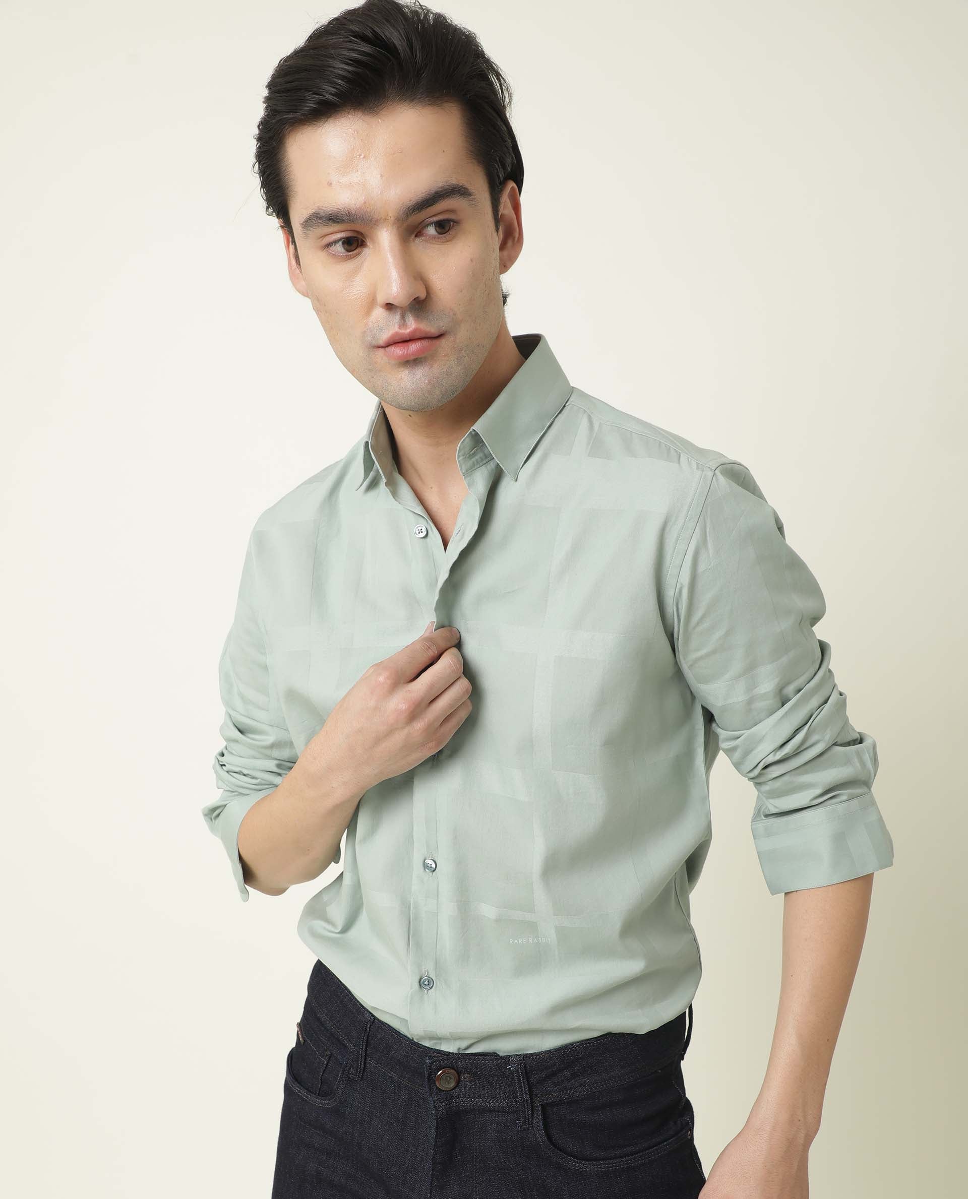 Rare Rabbit Men's Boxline-3 Green Plain Regular Fit Full Sleeve Spread Collar Shirt