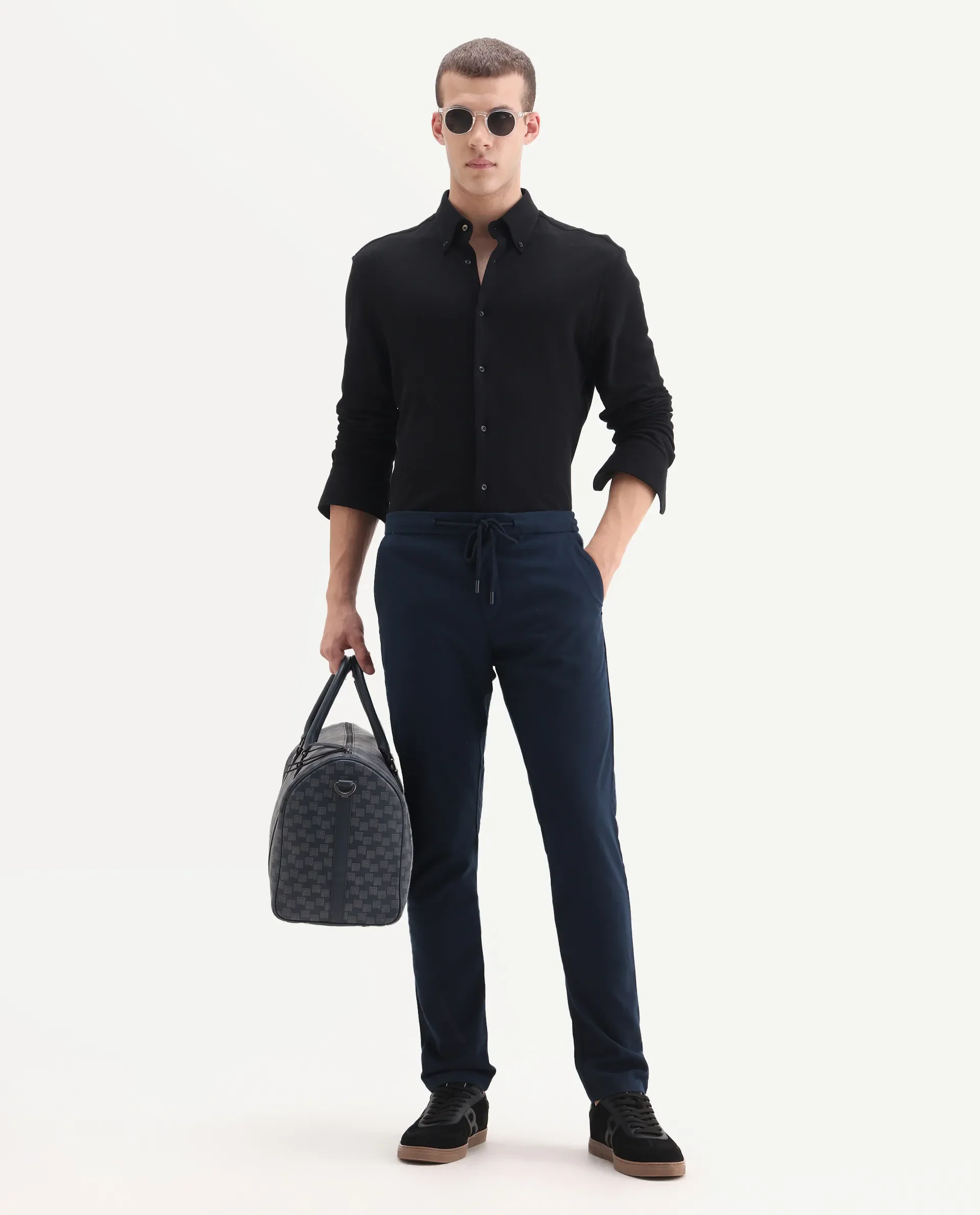 Rare Rabbit Men's Brando Navy Plain Regular Fit Trouser