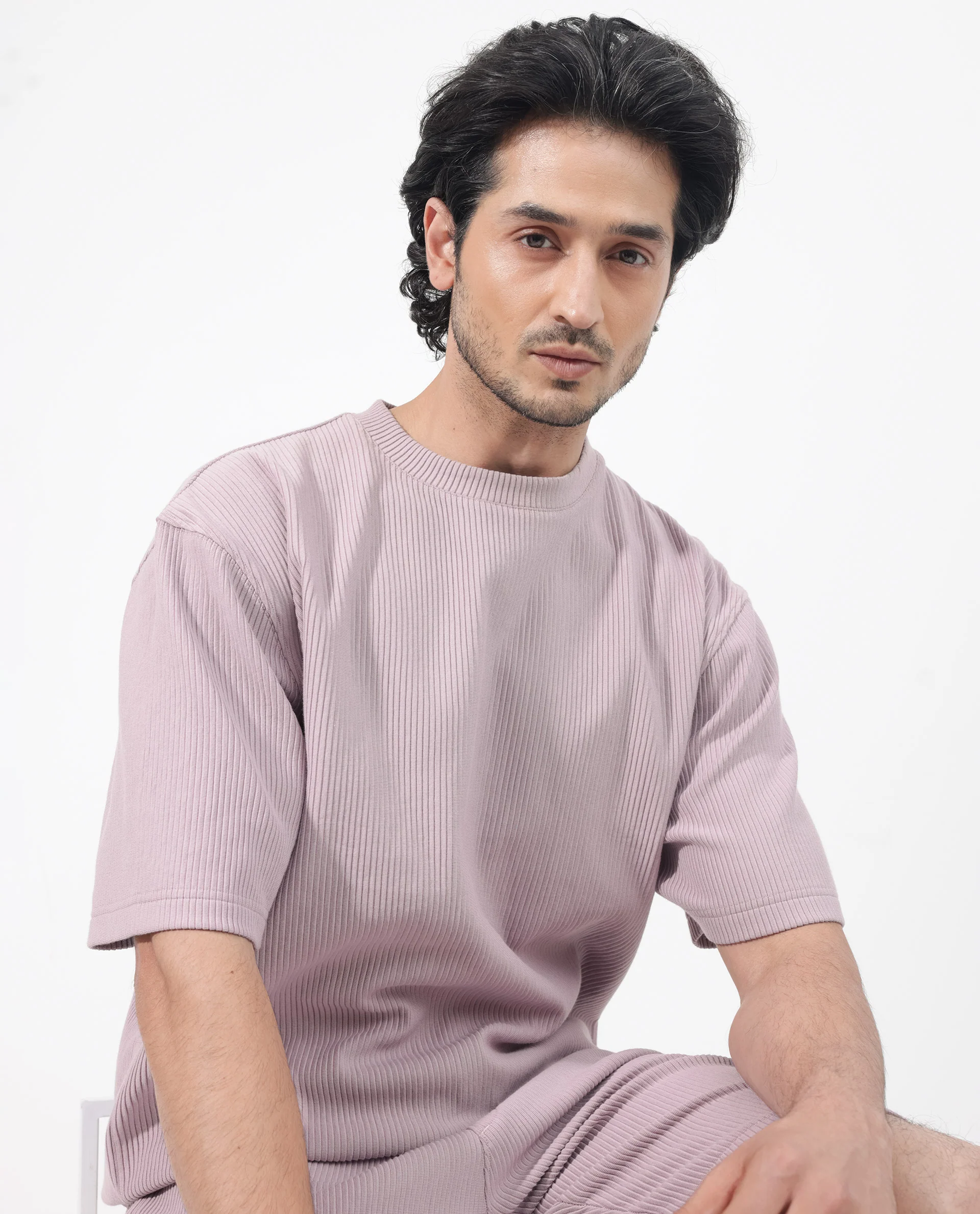 Rare Rabbit Men's Breet Dusky Purple Cotton Textured Oversized Fit Half Sleeve Crew Neck T-Shirt