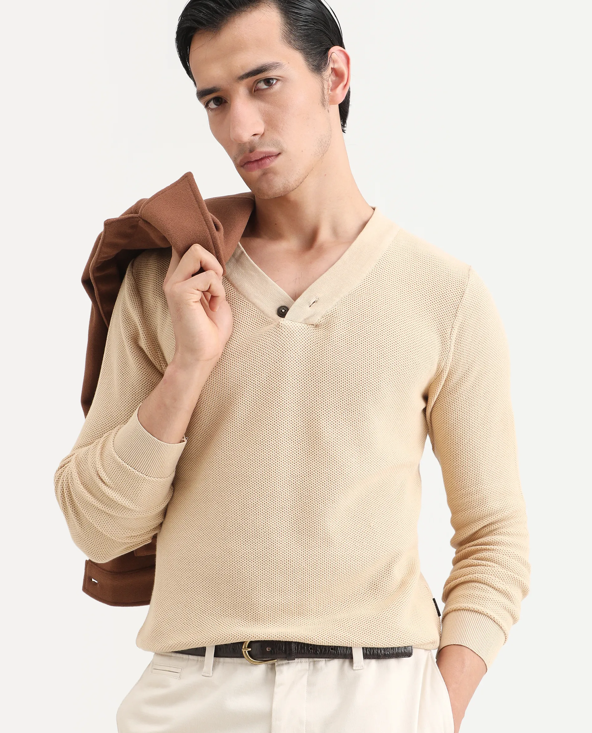 Rare Rabbit Men's Breeze Beige Cotton Plain Regular Fit Full Sleeve V-Neck Sweater