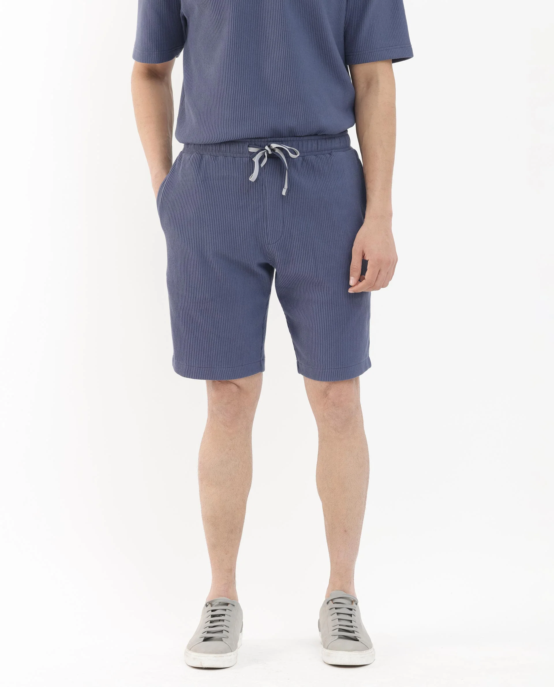 Rare Rabbit Men's Breto Dusky Blue Cotton Textured Relaxed Fit Shorts