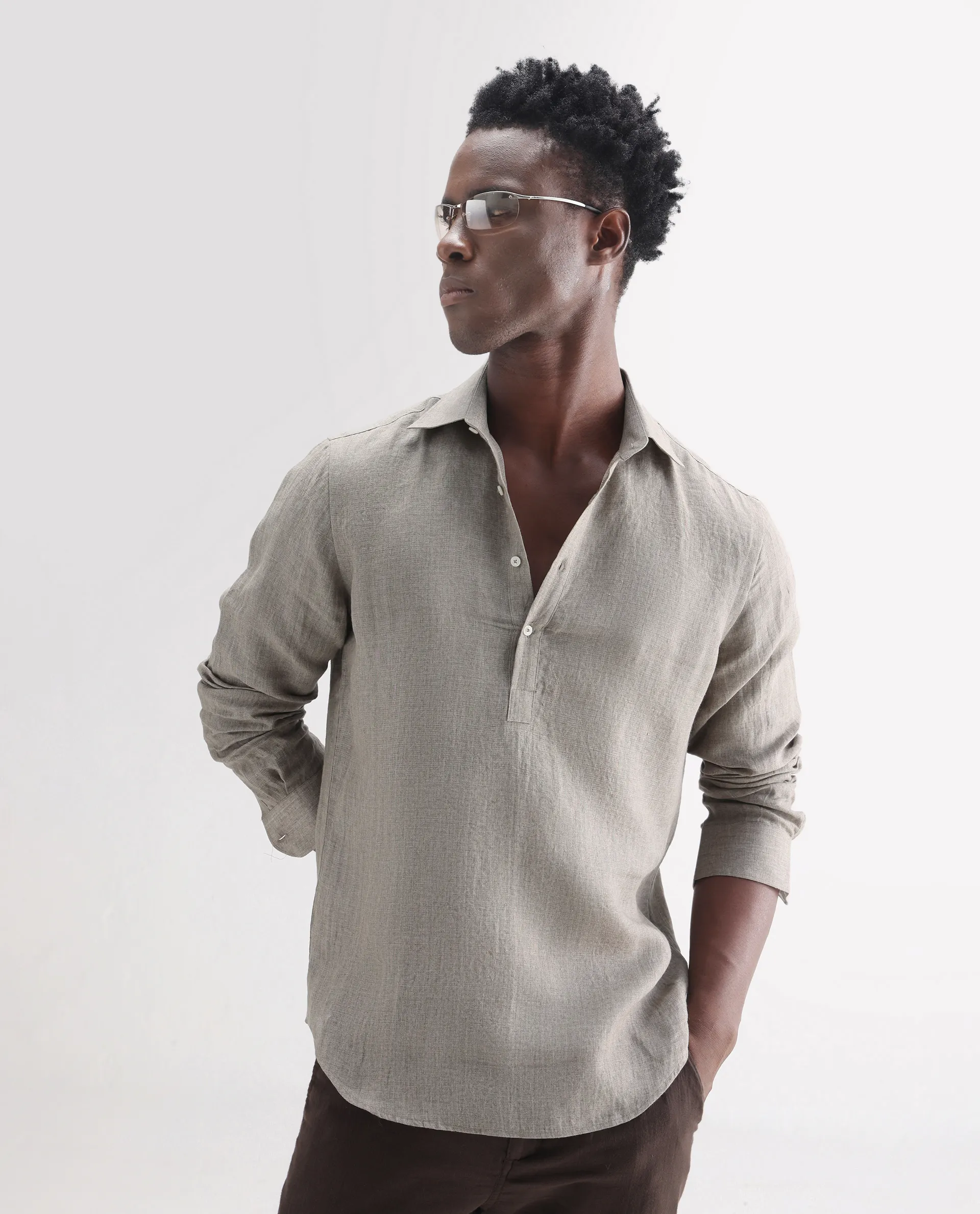 Rare Rabbit Men's Brickurt Brown 100% Linen Plain Regular Fit Full Sleeve Collared Shirt