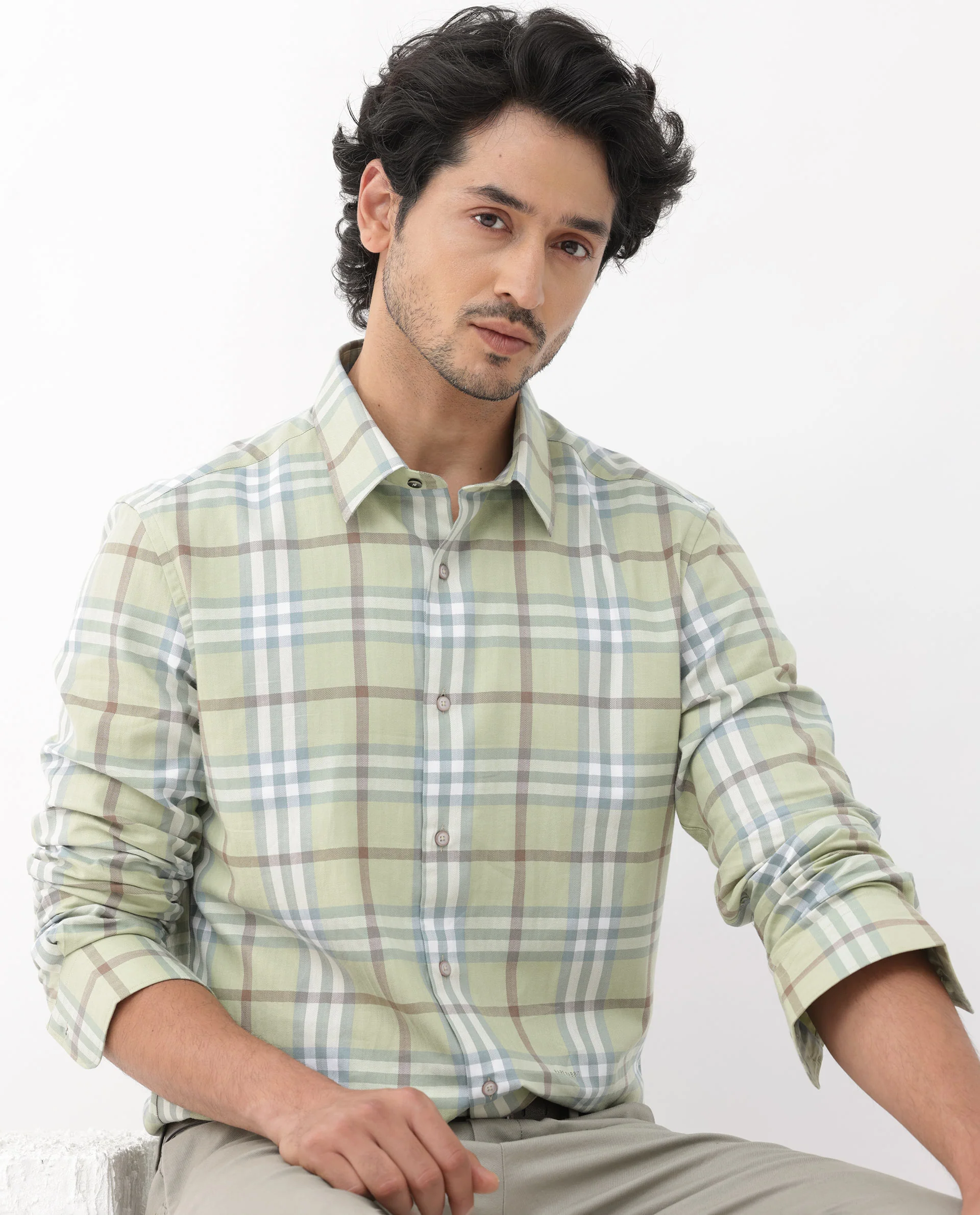 Rare Rabbit Men's Brody Dusky Green Cotton Checked Print Regular Fit Full Sleeve Collared Shirt