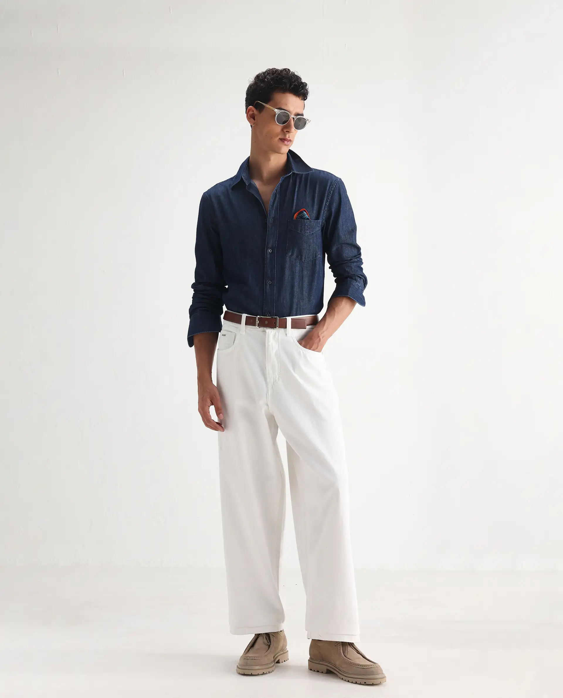 Rare Rabbit Men's Bron White Cotton Plain Baggy Fit Jeans