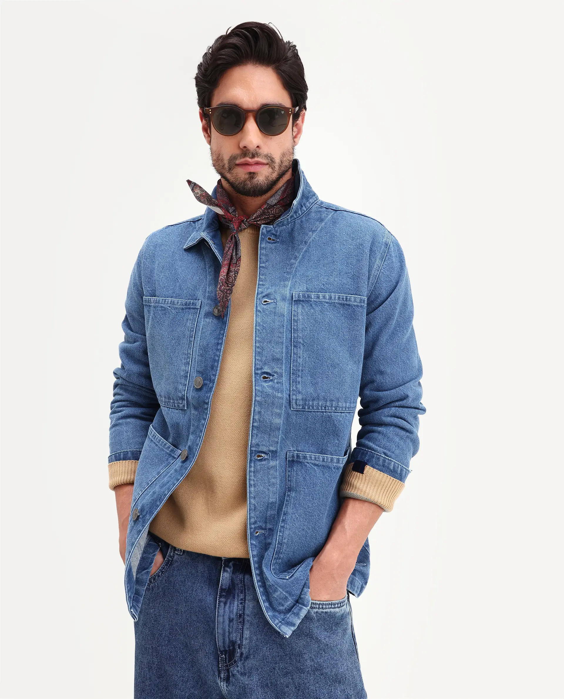 Rare Rabbit Men's Brond Blue Cotton Plain Regular Fit Full Sleeve Spread Collar Jacket