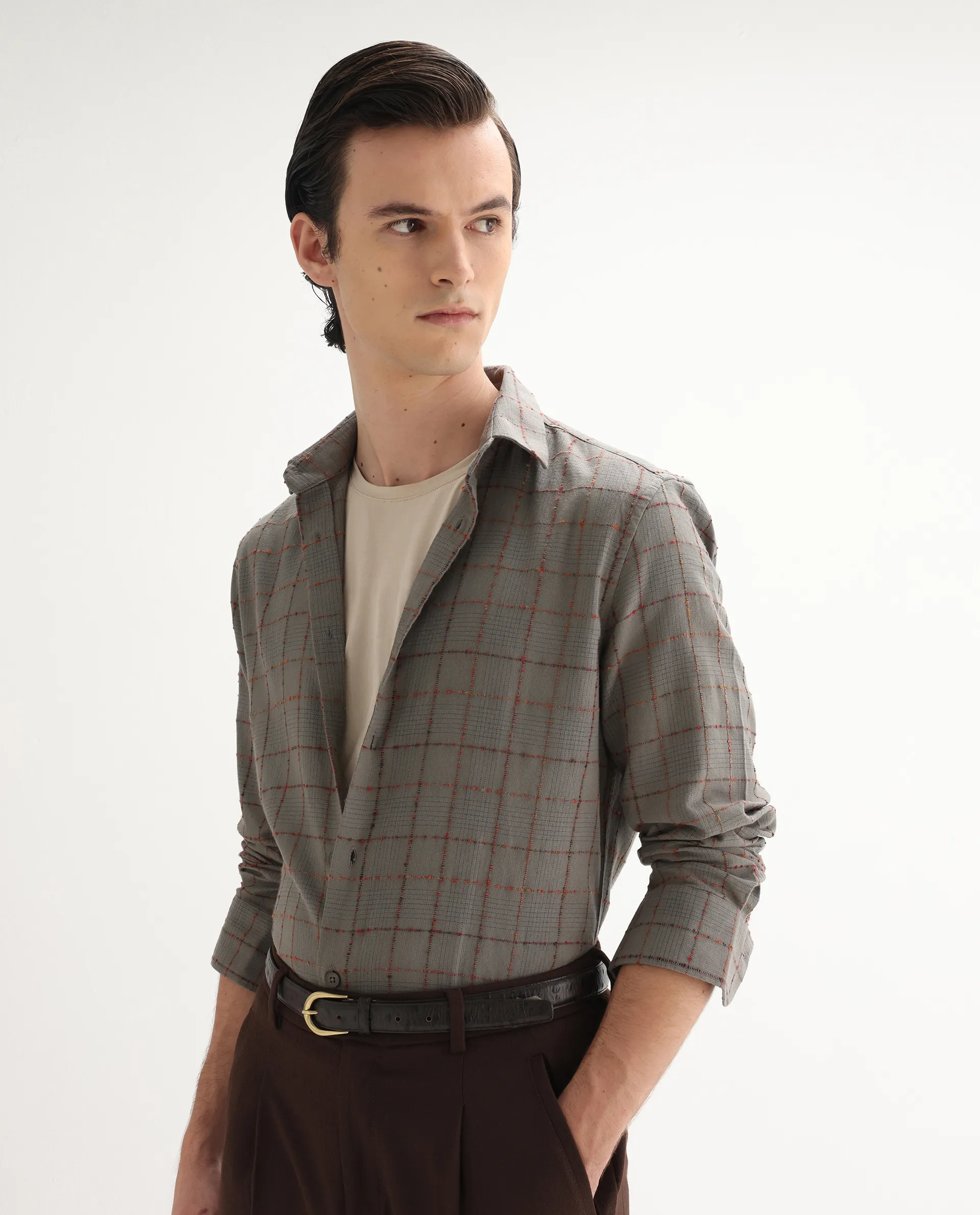 Rare Rabbit Men's Brule Grey Cotton Blend Checked Print Regular Fit Full Sleeve Collared Shirt