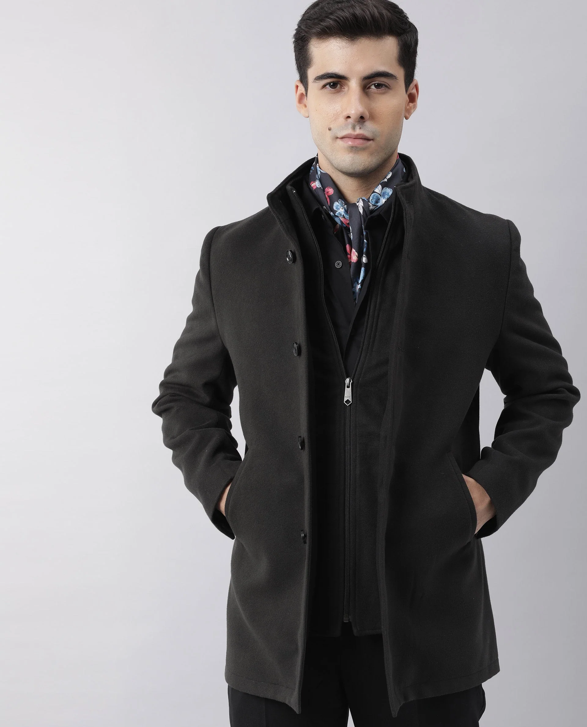 Rare Rabbit Men's Brush Black Polyester Plain Regular Fit Full Sleeve Mandarin Collar Jacket