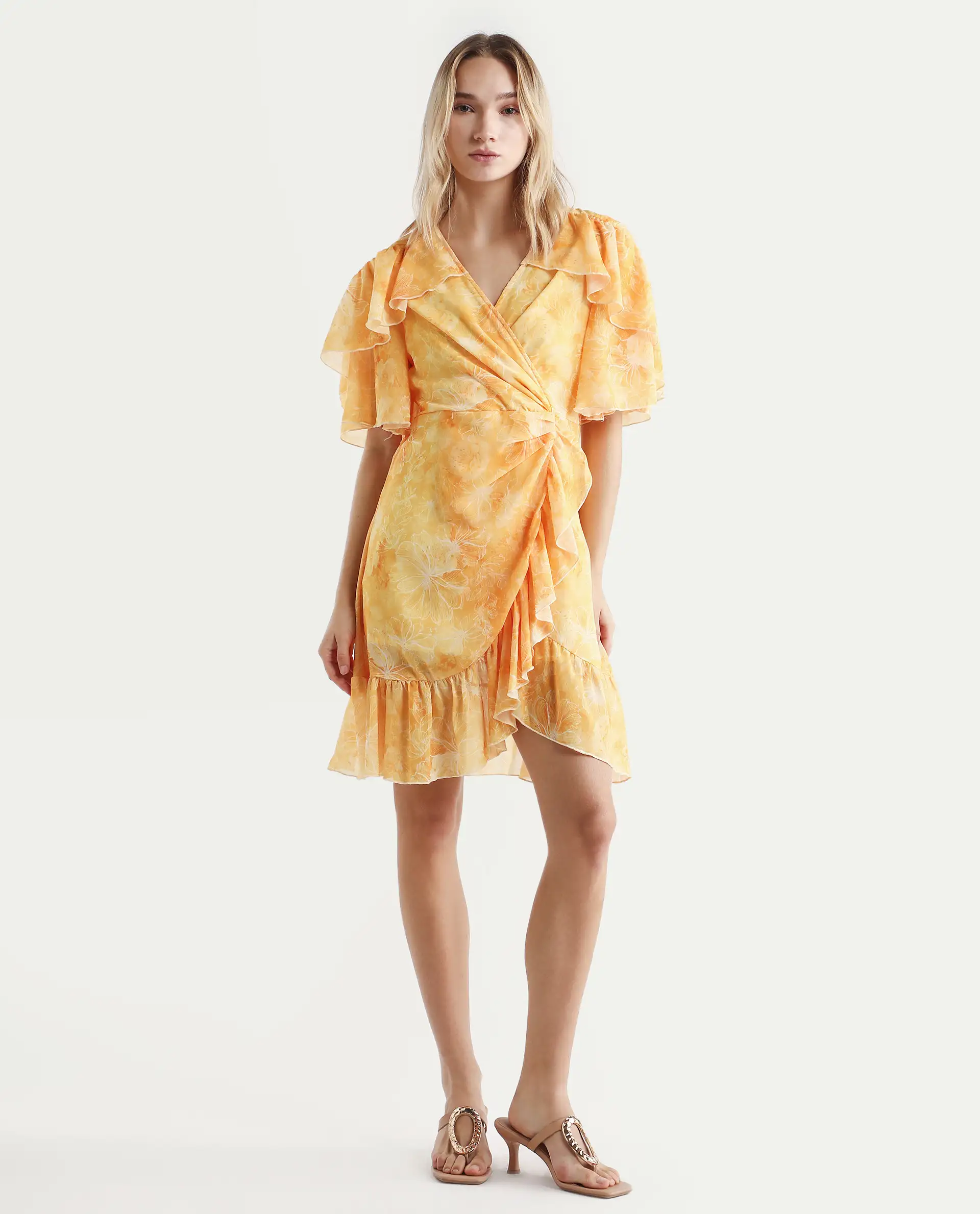 Rareism Women's Buckley Yellow Polyester Overlap Neck Floral Print Raglan Sleeve Knee Length Fit And Flare Dress