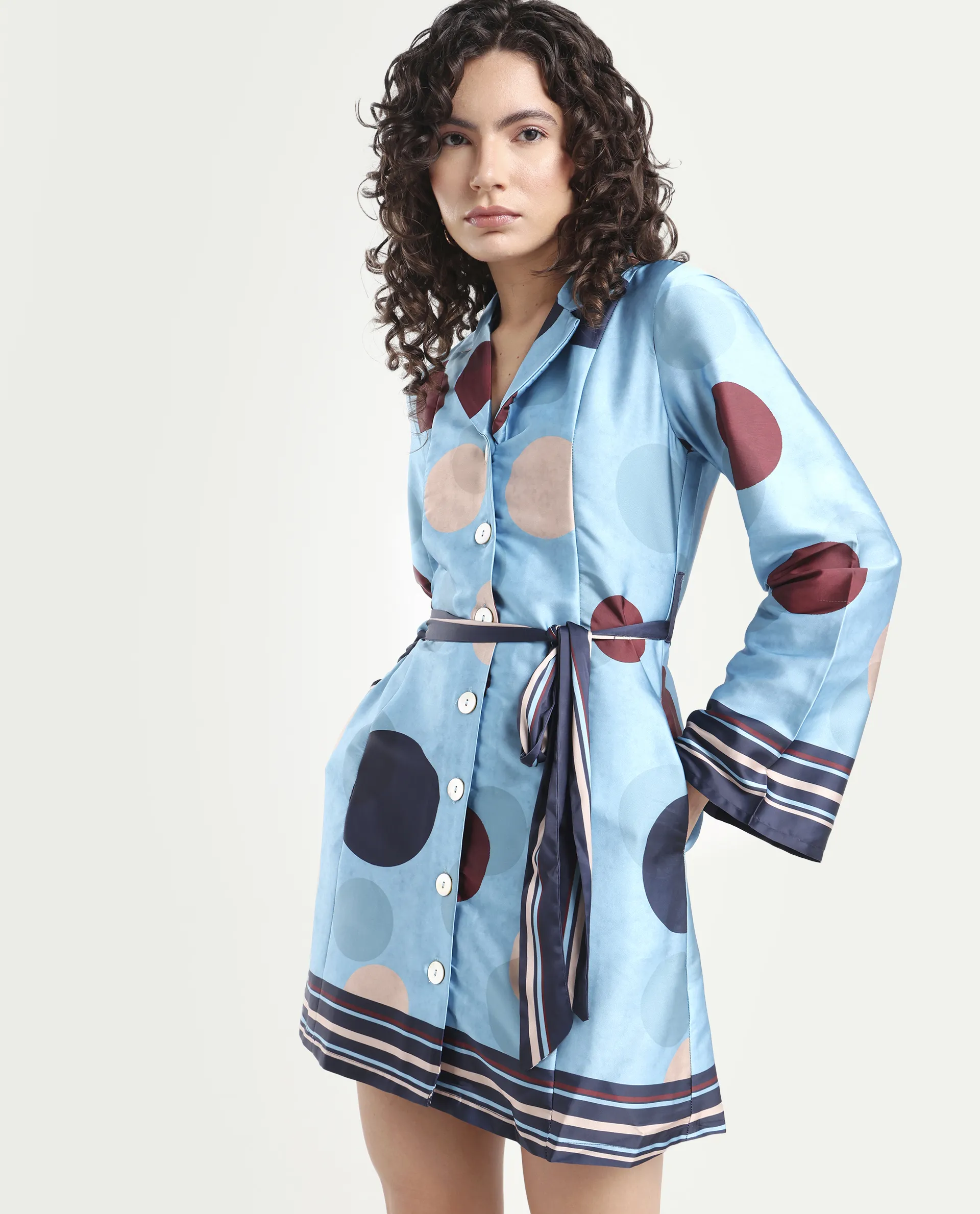 Rareism Women's Buffe Dusky Blue Polyester Lapel Neck Polka Print Bell Sleeve Mini Regular Fit Dress