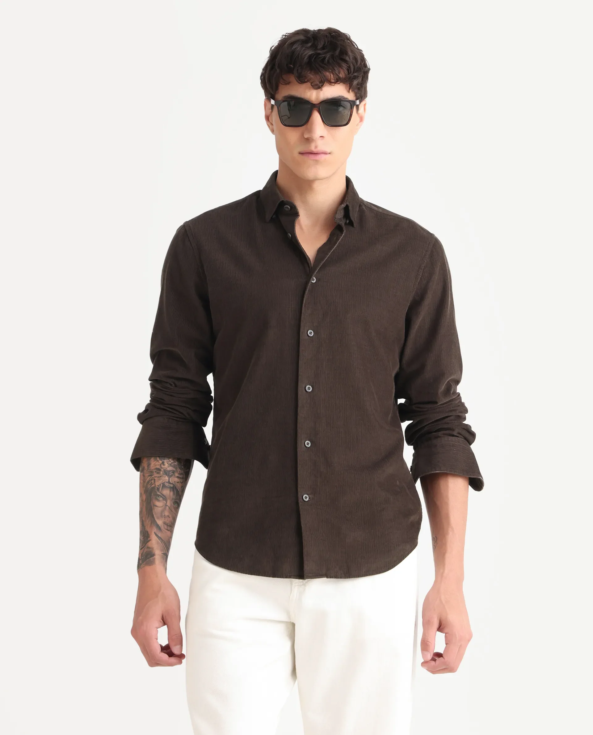Rare Rabbit Men's Buita Dark Brown Cotton Plain Regular Fit Full Sleeve Collared Shirt - Image 4