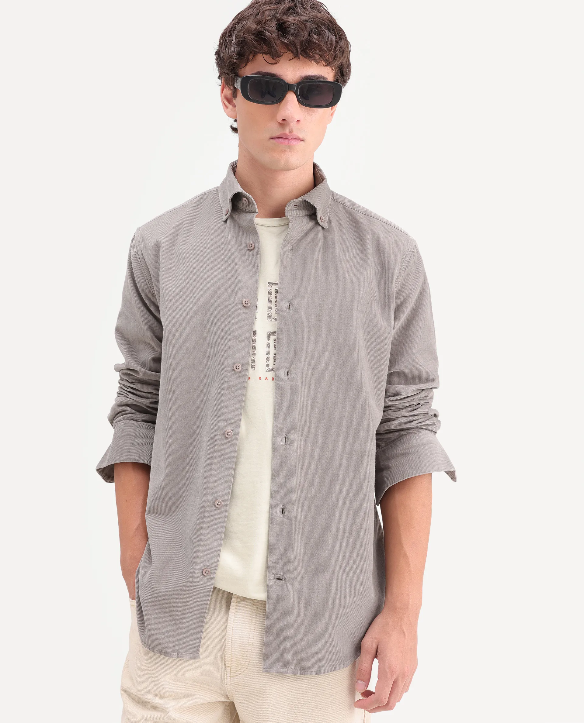 Rare Rabbit Men's Buita-On Dusky Grey Cotton Fabric Button-Down Collar Regular Fit Plain Shirt