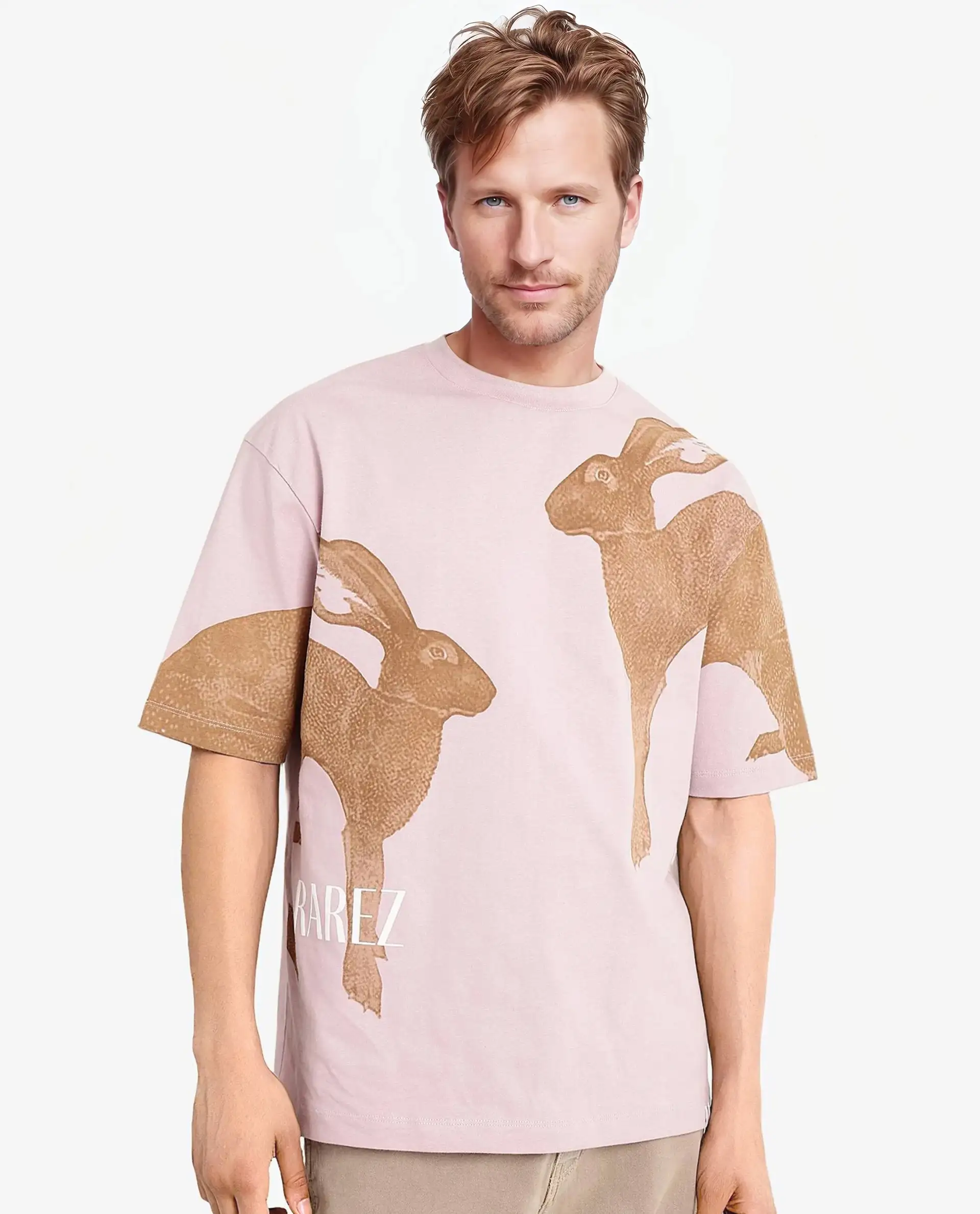 Rare Rabbit Men's Bunn Dusky Pink Cotton Graphic Print Oversized Fit Half Sleeve Crew Neck T-Shirt