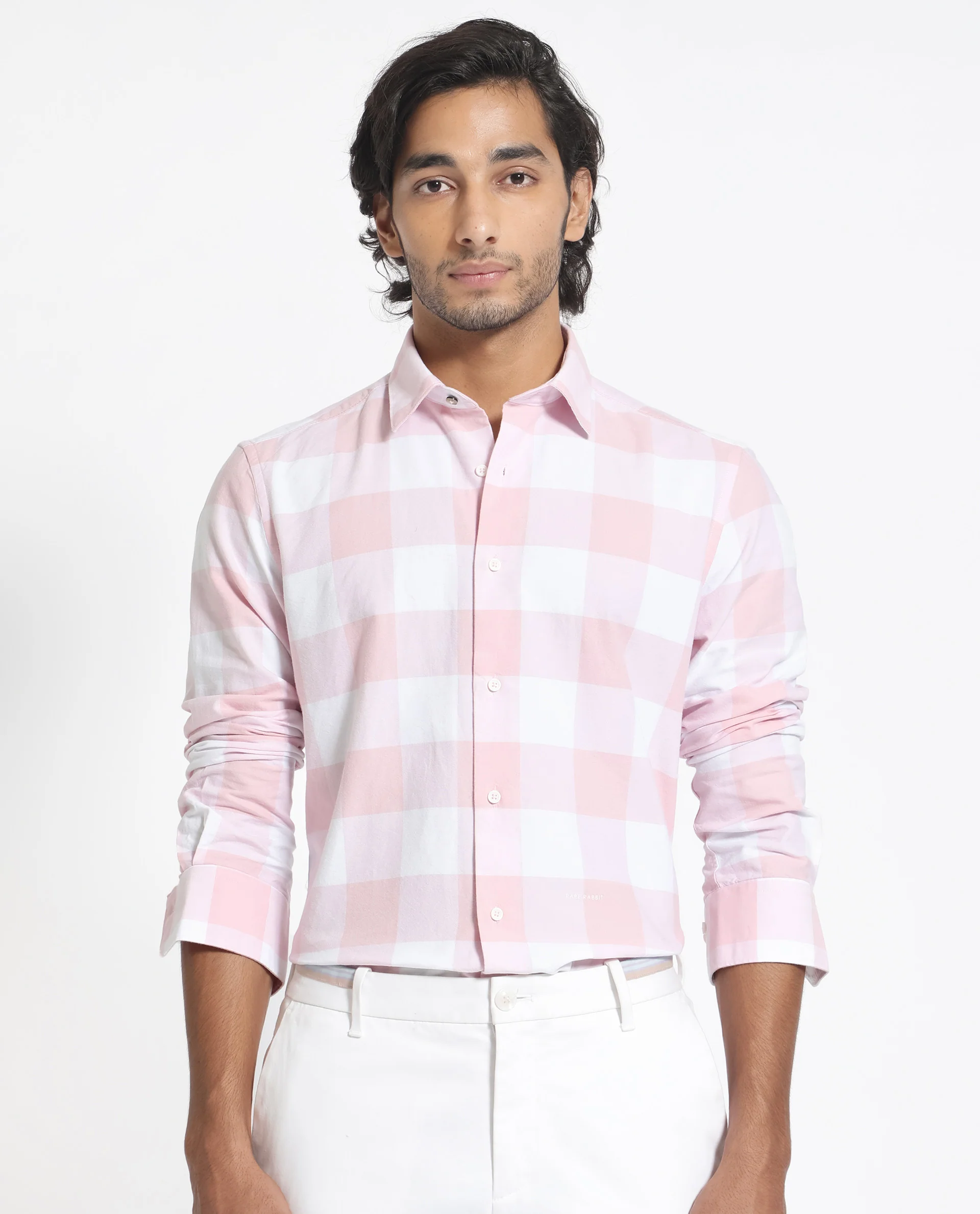 Rare Rabbit Men's Byre Light Pink Cotton Checked Print Regular Fit Full Sleeve Collared Shirt