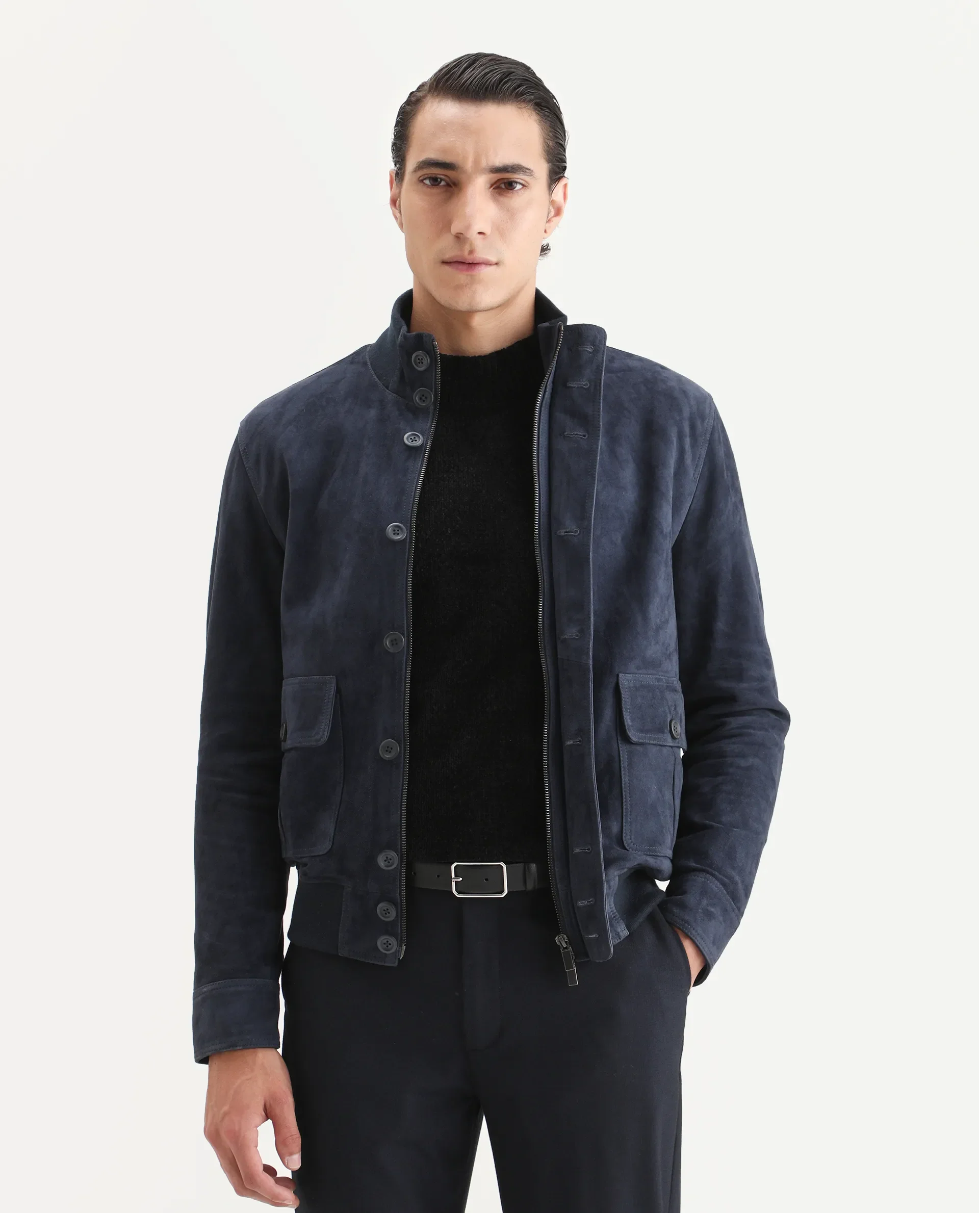Rare Rabbit Men's Byron Navy Leather Fabric High Neck Ribbed Collar Regular Fit Plain Jacket