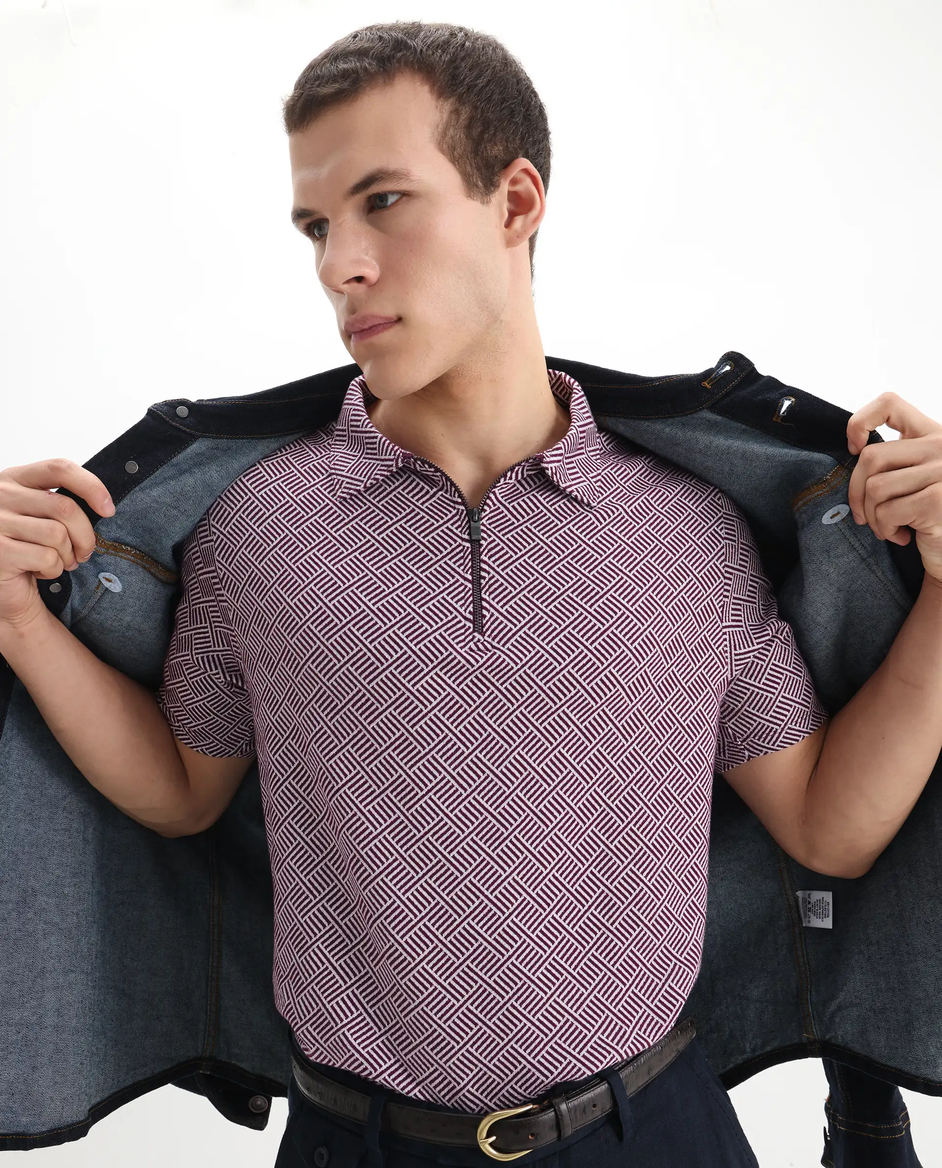 Rare Rabbit Men's Cabetta Dark Purple Cotton Jacquard Regular Fit Half Sleeve Polo