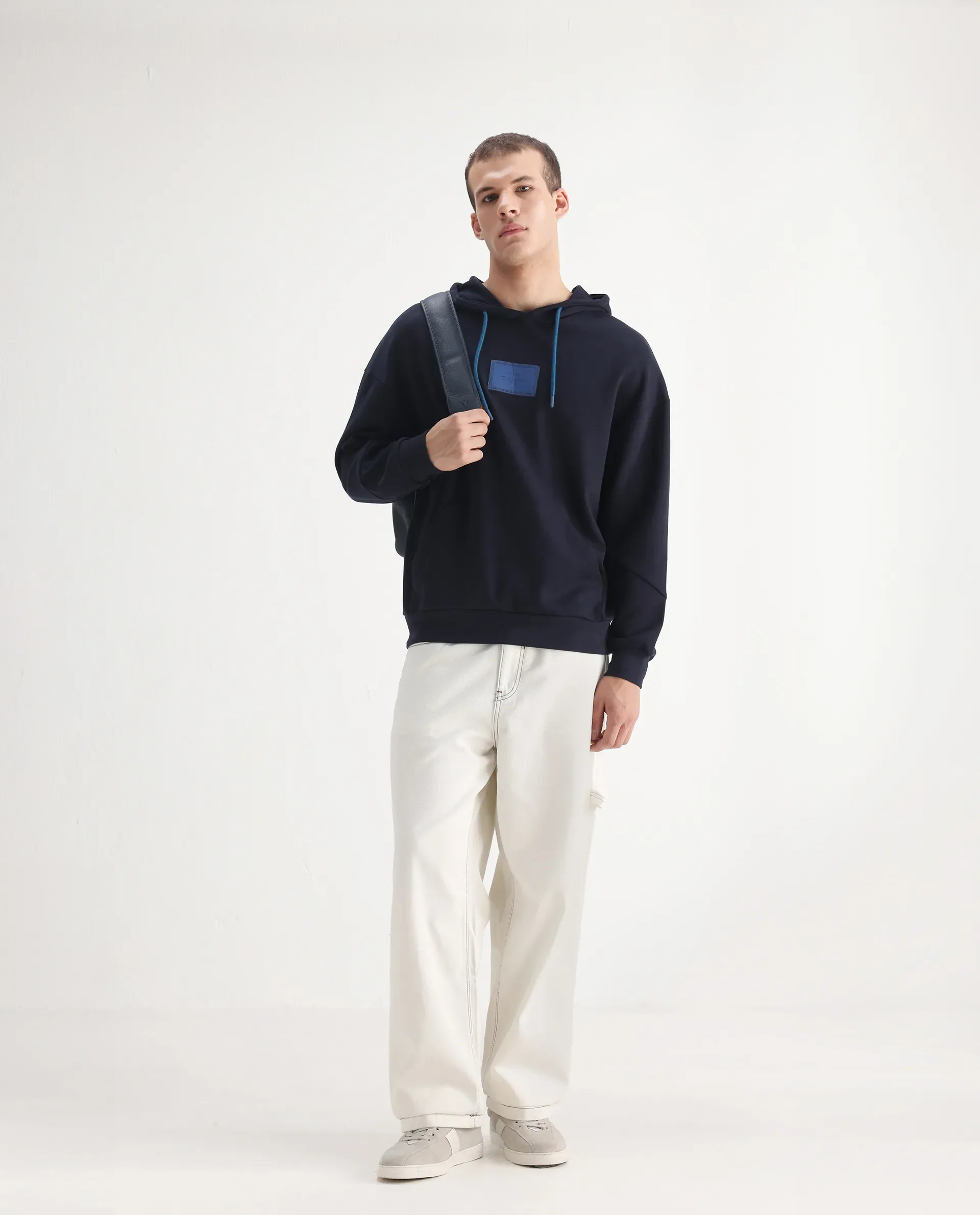 Rare Rabbit Men's Cade White Cotton Plain Baggy Fit Jeans