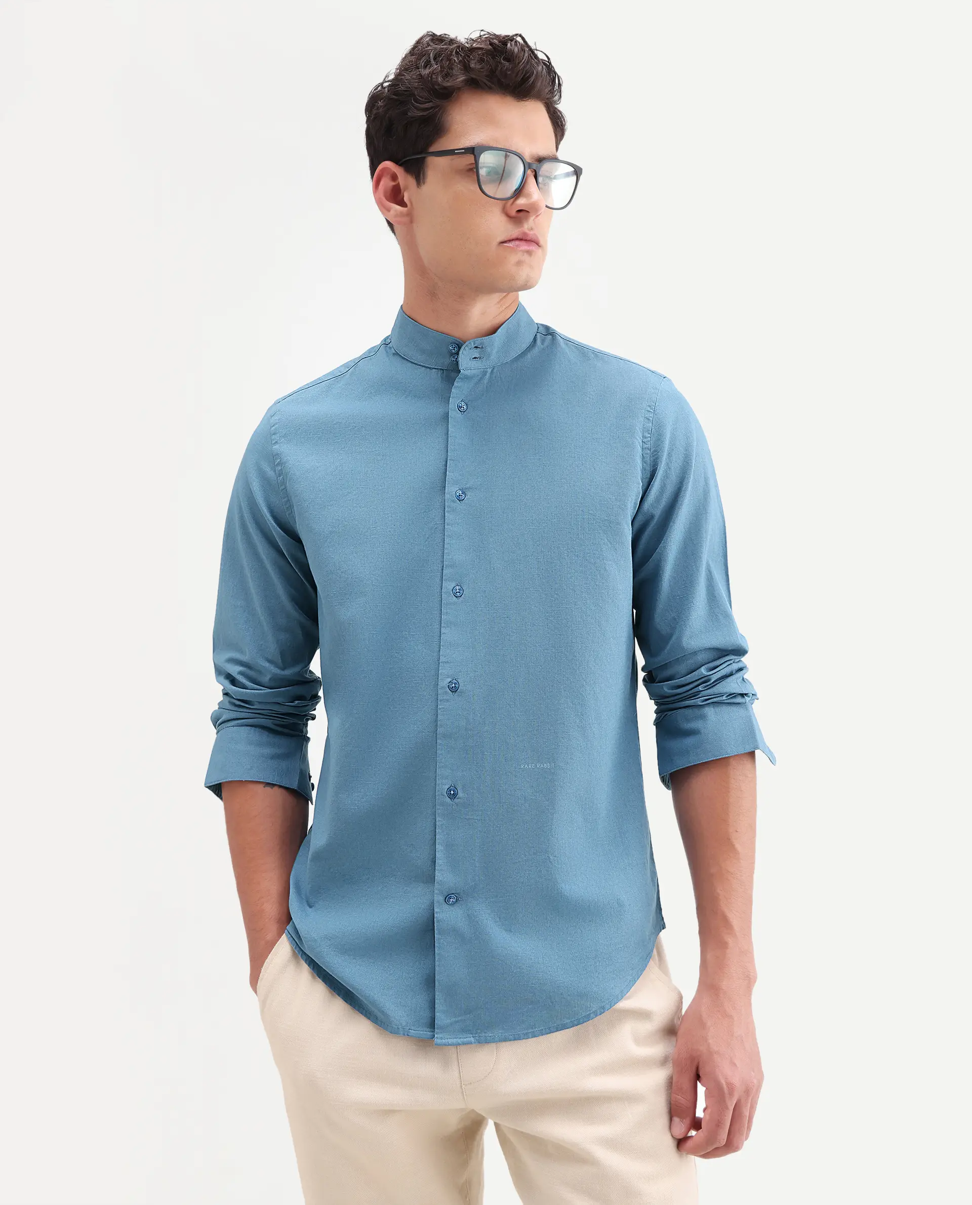 Rare Rabbit Men's Cadex Blue Cotton Fabric Full Sleeve Mandarin Collar Regular Fit Plain Shirt