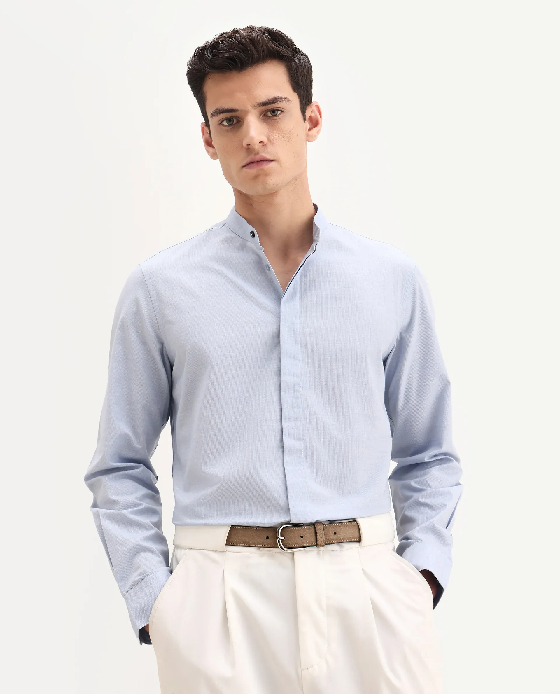 Rare Rabbit Men's Cadmi-25 Blue Cotton Blend Fabric Mandarin Collar Regular Fit Plain Shirt