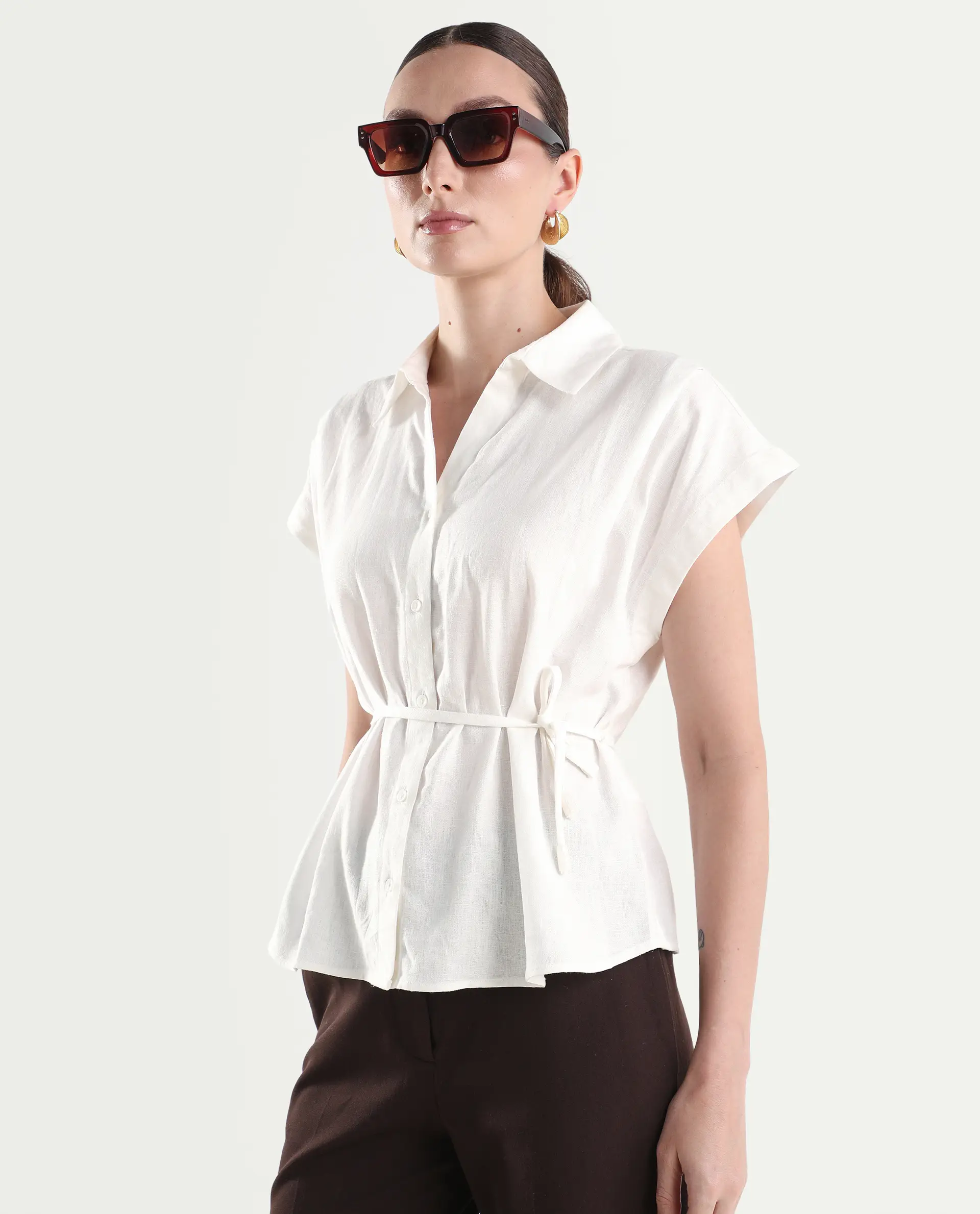 Rareism Women's Caes White Linen Blend Half Sleeve Boxy Plain Top