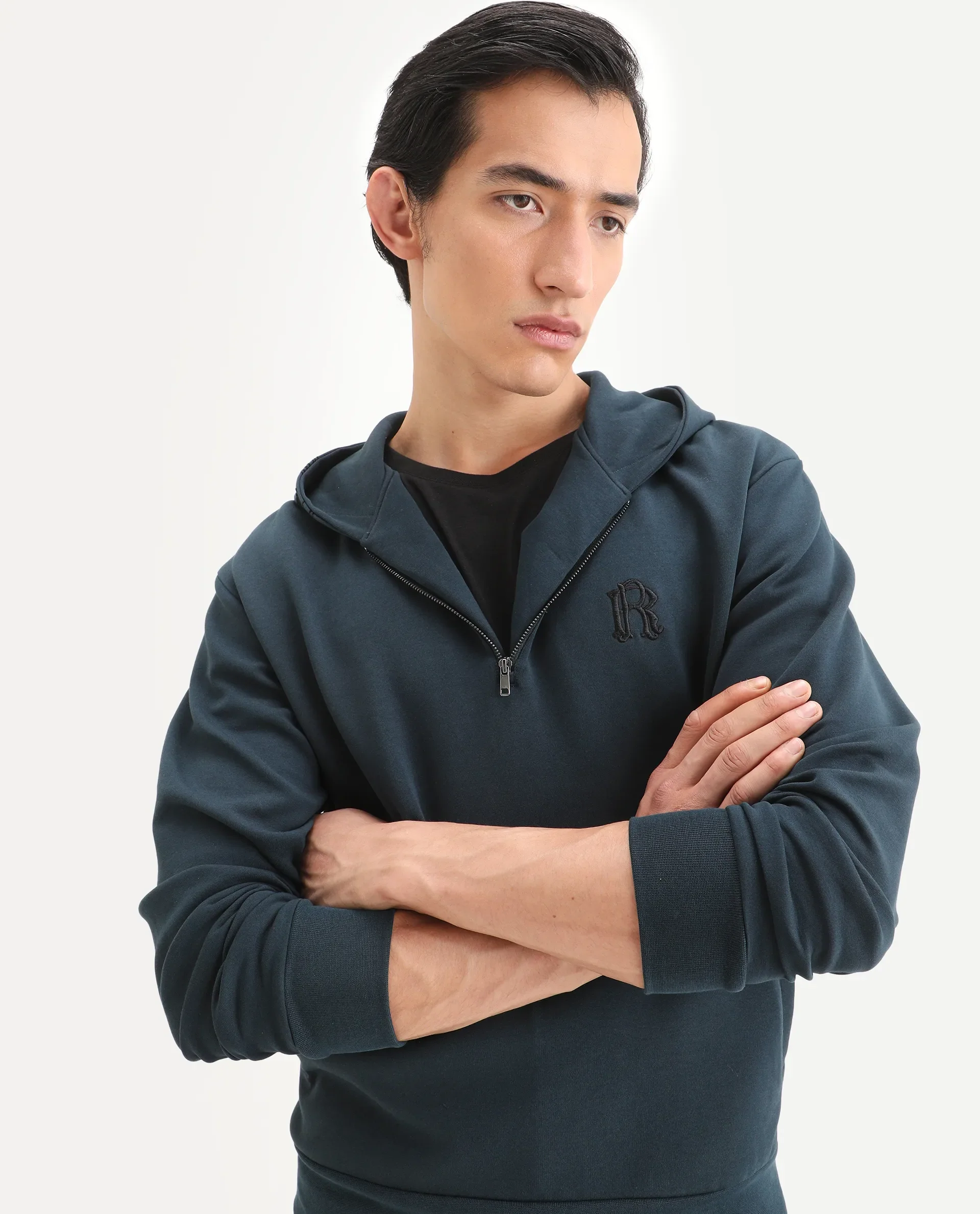 Rare Rabbit Men's Caig Dark Teal Cotton Blend Graphic Print Regular Fit Full Sleeve Hooded Sweatshirt