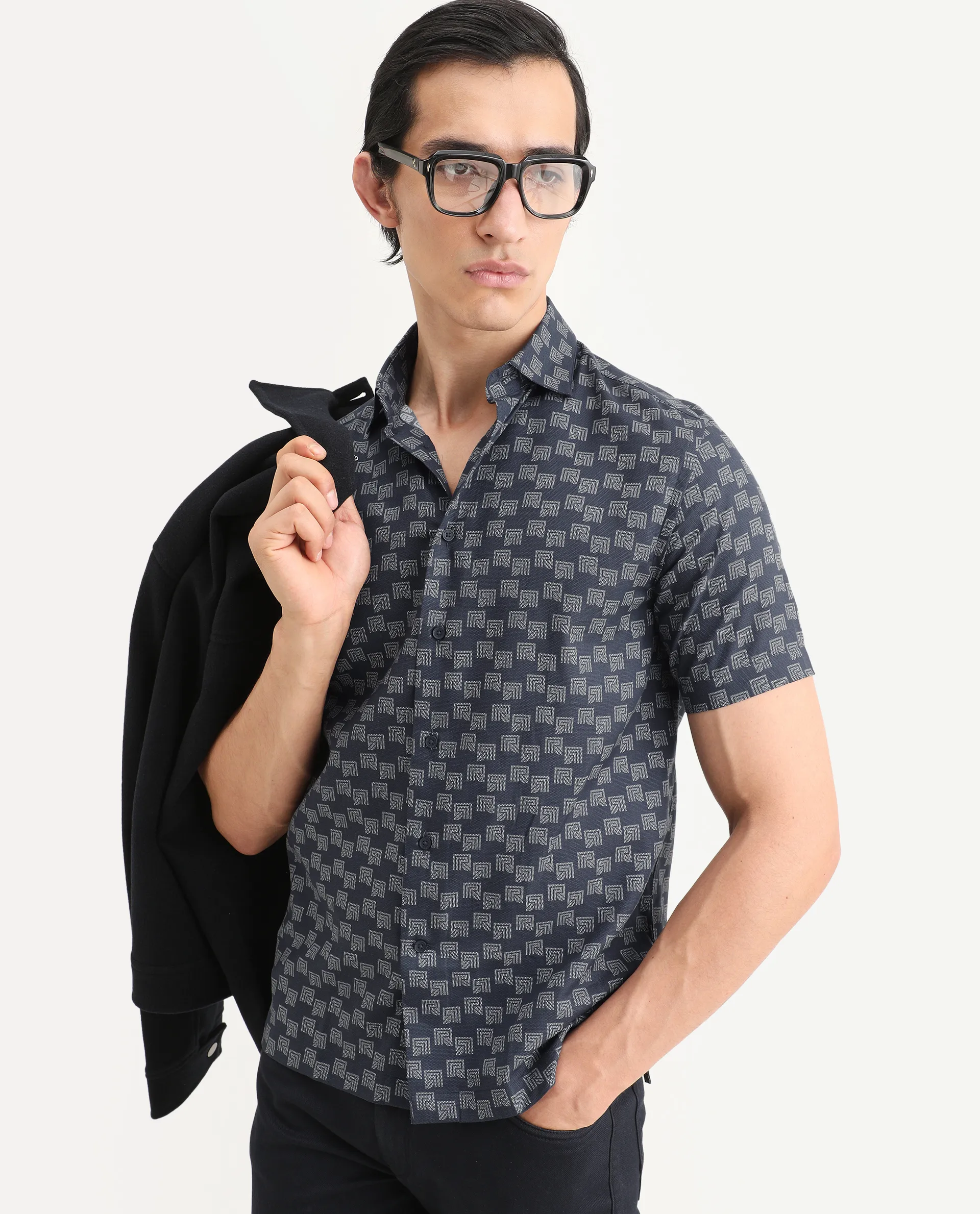 Rare Rabbit Men's Calo Navy Cotton Blend Monogram Print Boxy Fit Half Sleeve Collared Shirt