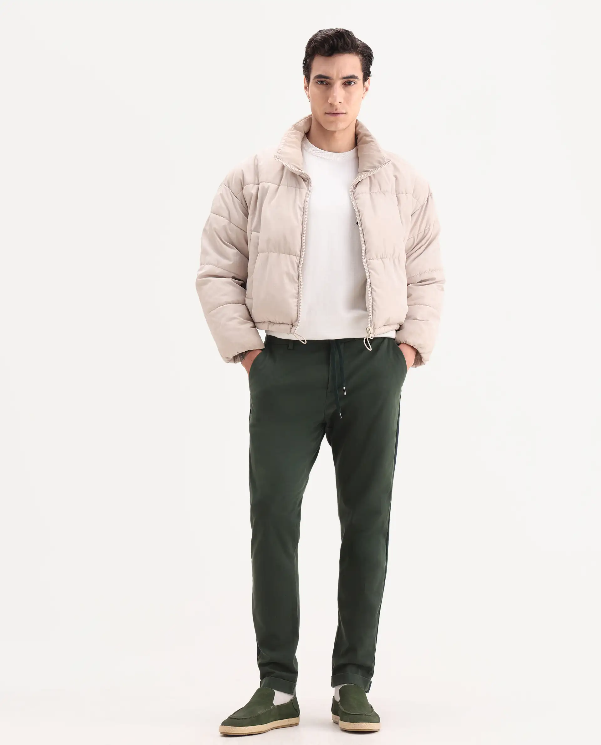 Rare Rabbit Men's Caloon Green Cotton Blend Plain Regular Fit Trouser