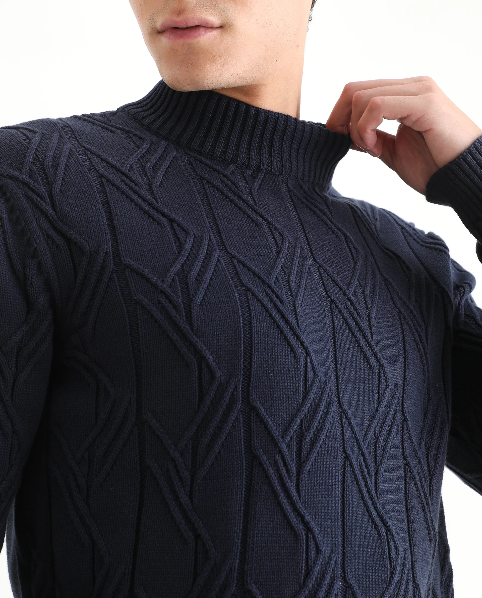 Rare Rabbit Men's Caloz Navy Cotton Textured Regular Fit Full Sleeve High Neck Sweater