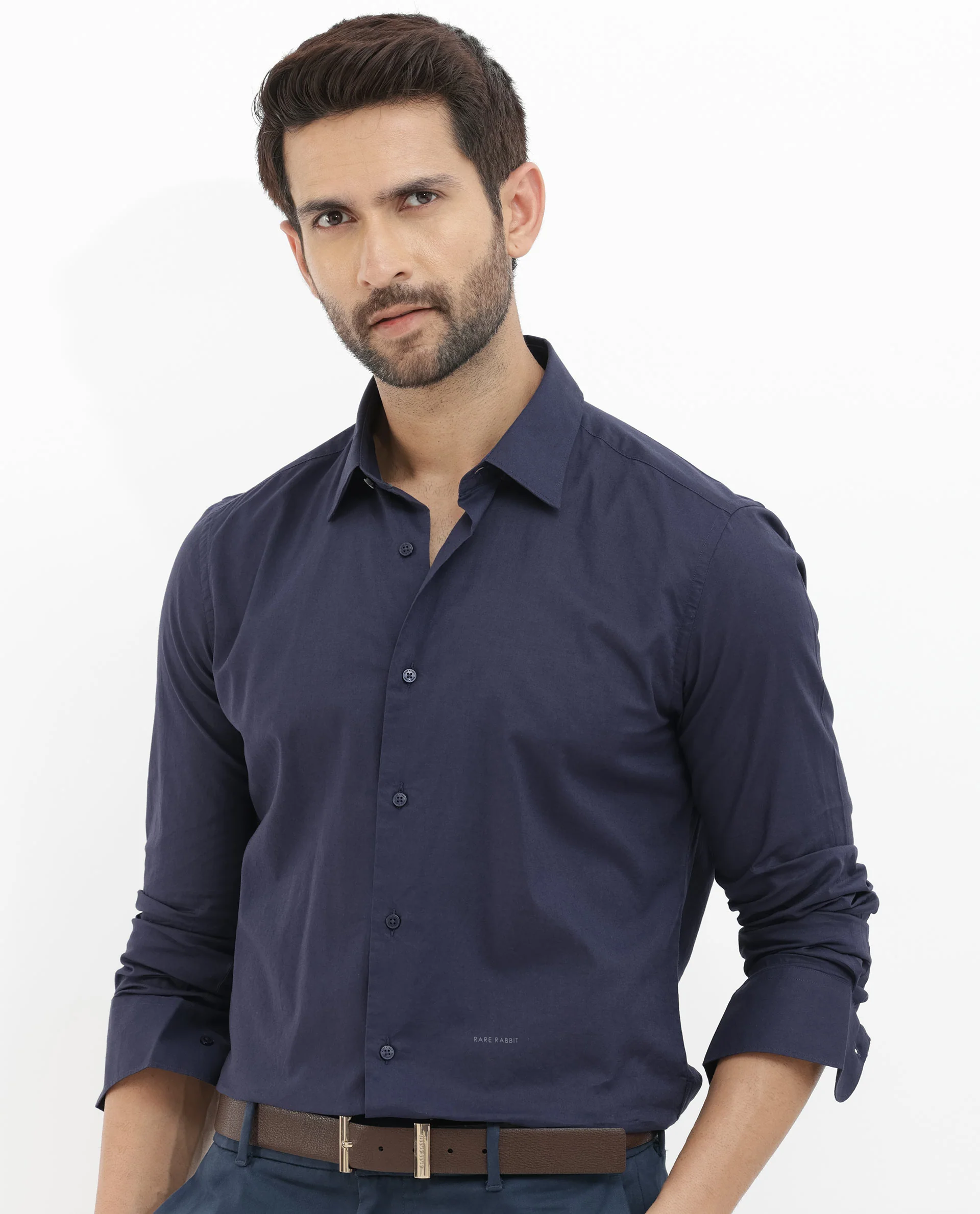 Rare Rabbit Men's Cambo Dark Purple Cotton Plain Regular Fit Full Sleeve Collared Shirt