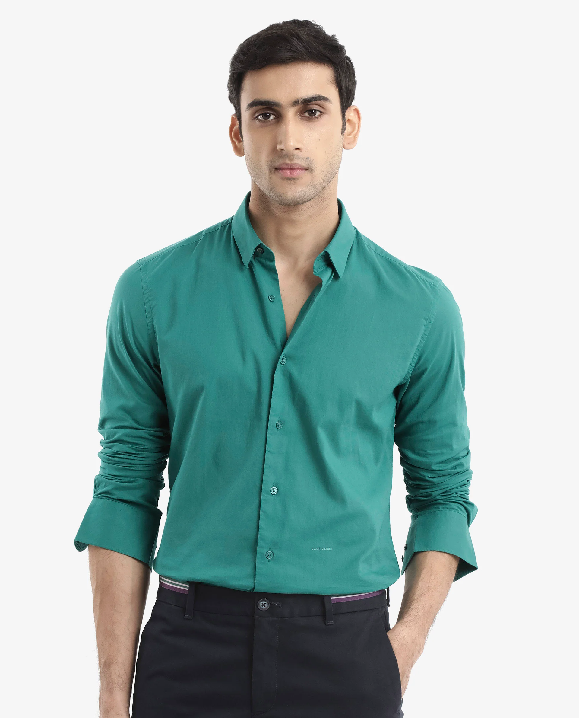 Rare Rabbit Men's Cambroc Teal Cotton Plain Regular Fit Full Sleeve Collared Shirt