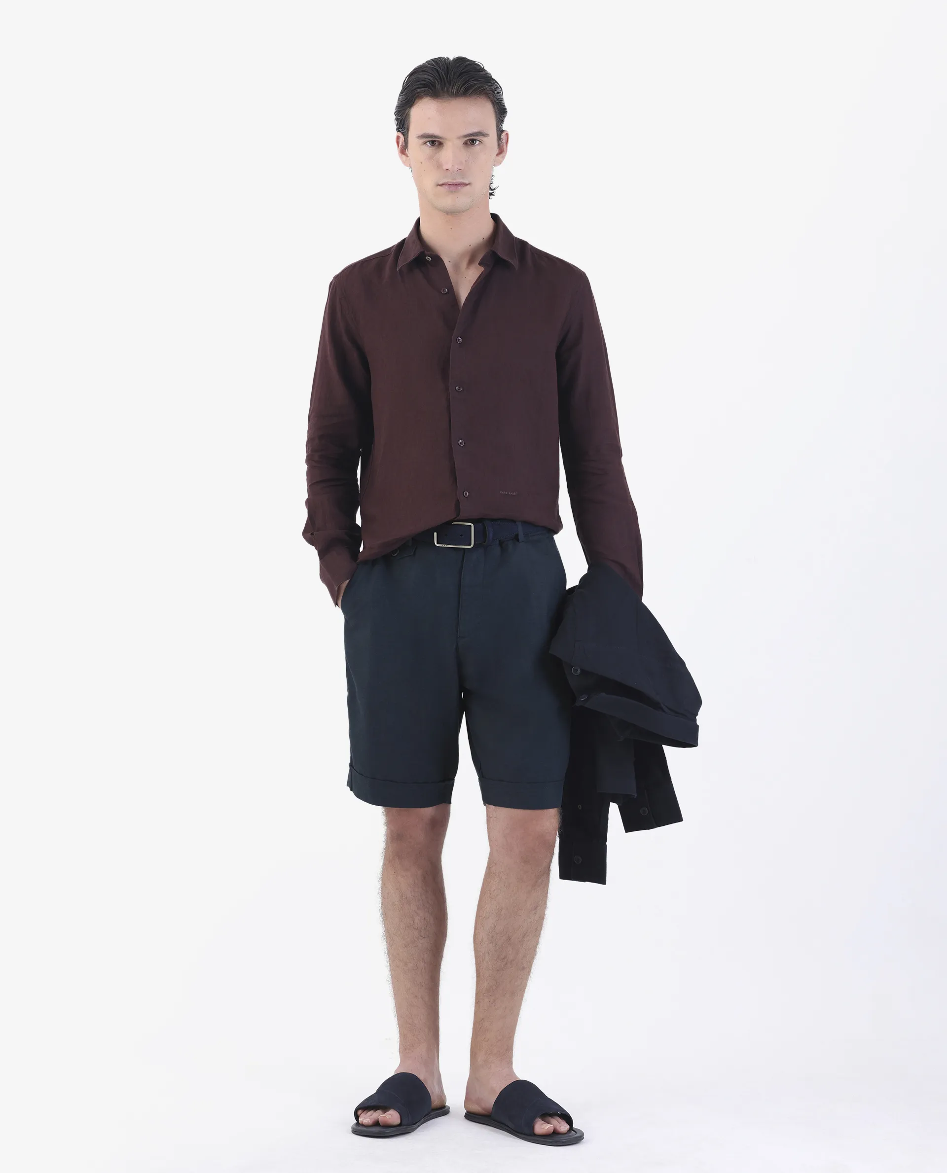 Rare Rabbit Men's Camer Navy 100% Linen Plain Regular Fit Shorts