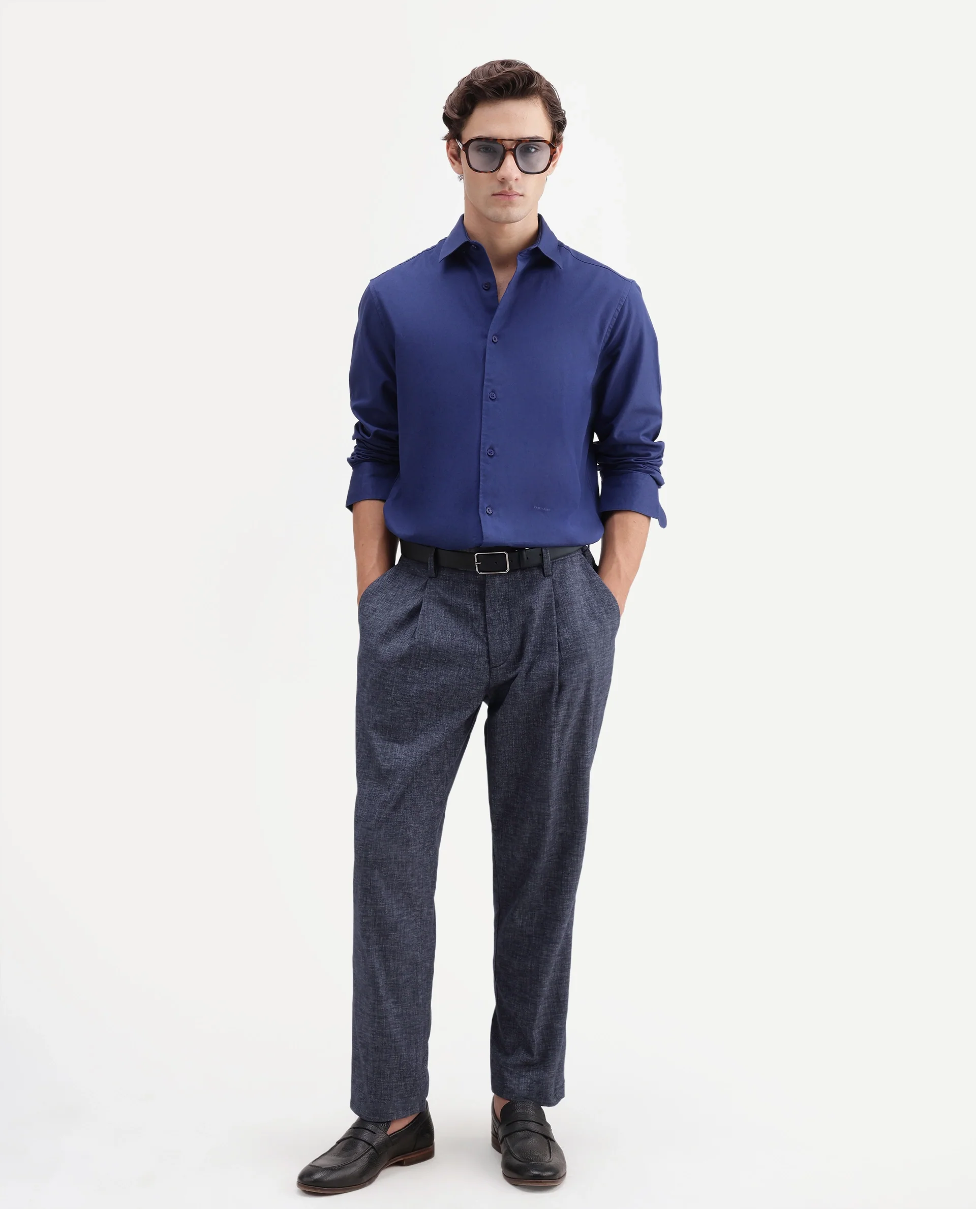 Rare Rabbit Men's Cami Dark Blue Cotton Blend Fabric Regular Fit Plain Trouser