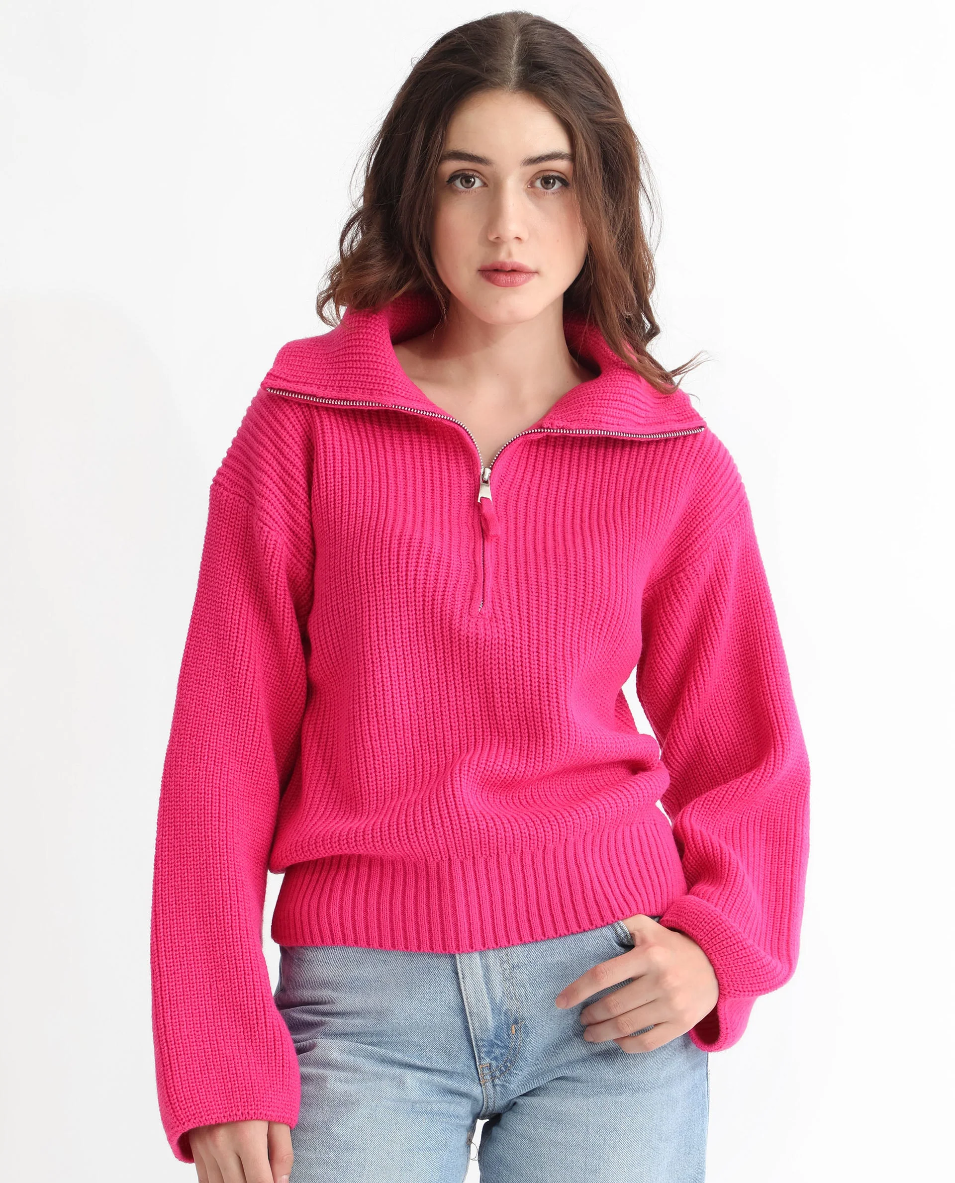 Rareism Women's Camille Dark Pink Acrylic Drop Collar Plain Relaxed Fit Sweater