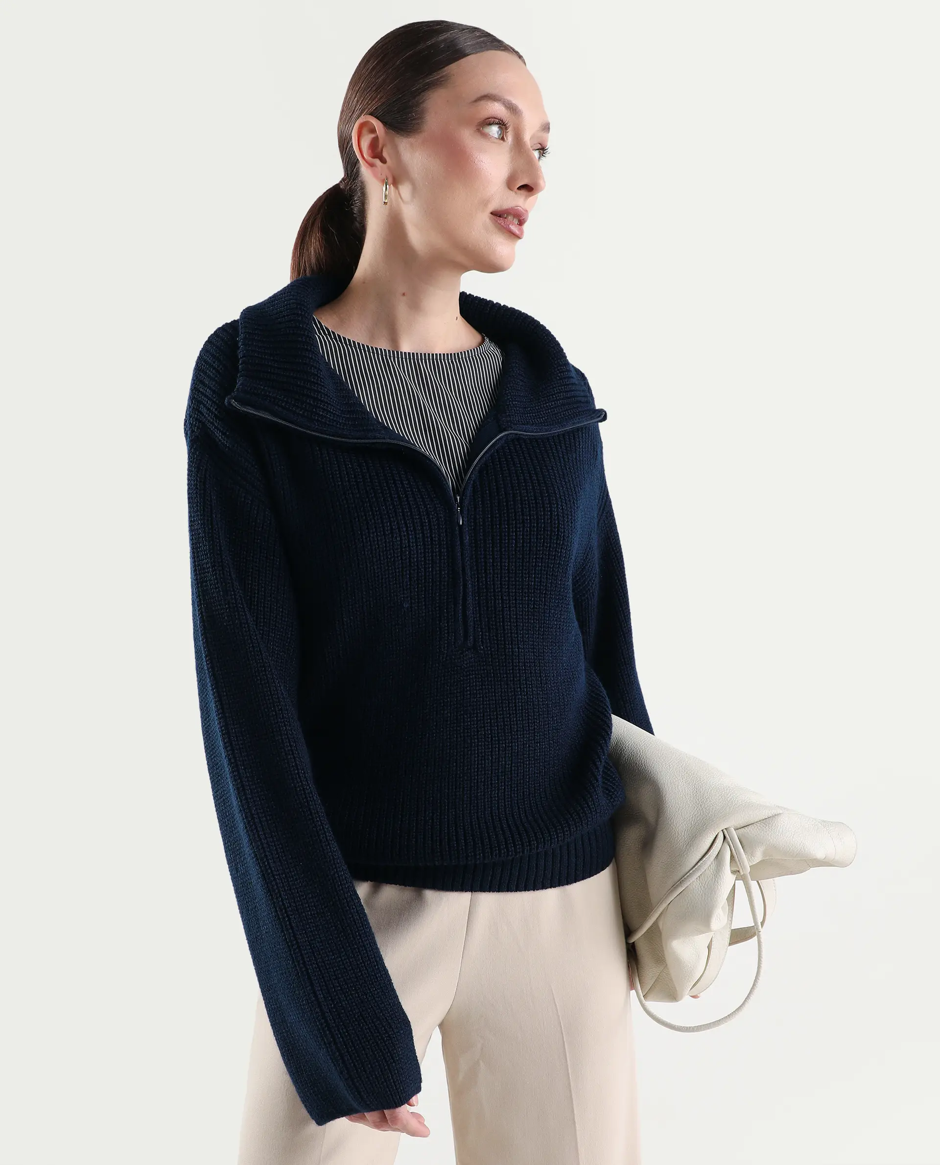 Rareism Women's Camillo Navy Acrylic High Neck Relaxed Fit Plain Sweater
