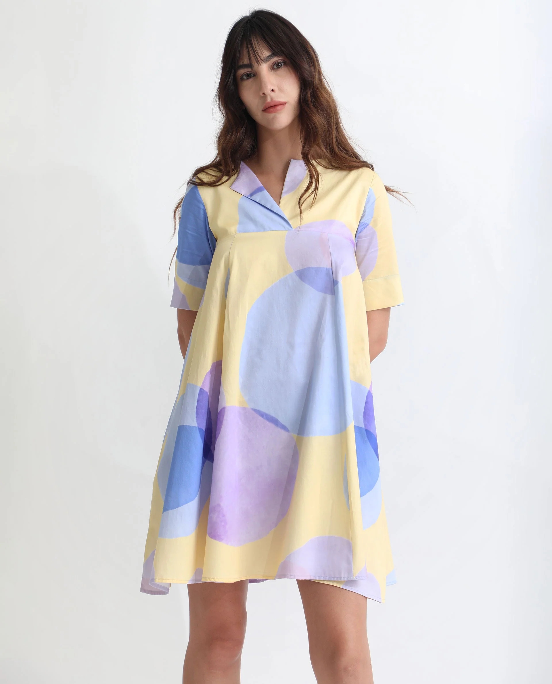 Rareism Women's Campbell Yellow Cotton Overlap Neck Abstract Print Knee Length Flared Dress