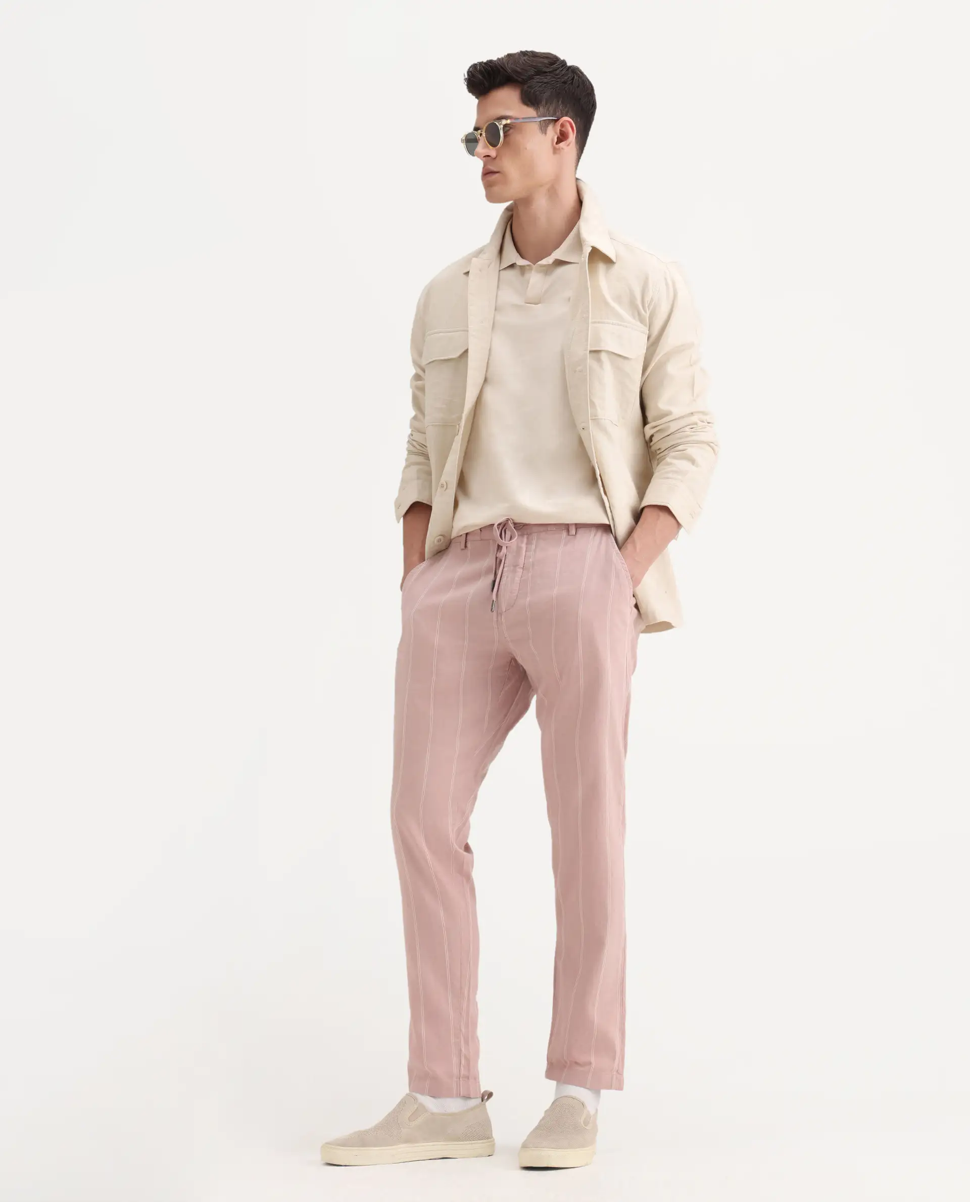 Rare Rabbit Men's Canal Grey Cotton Striped Print Regular Fit Trouser