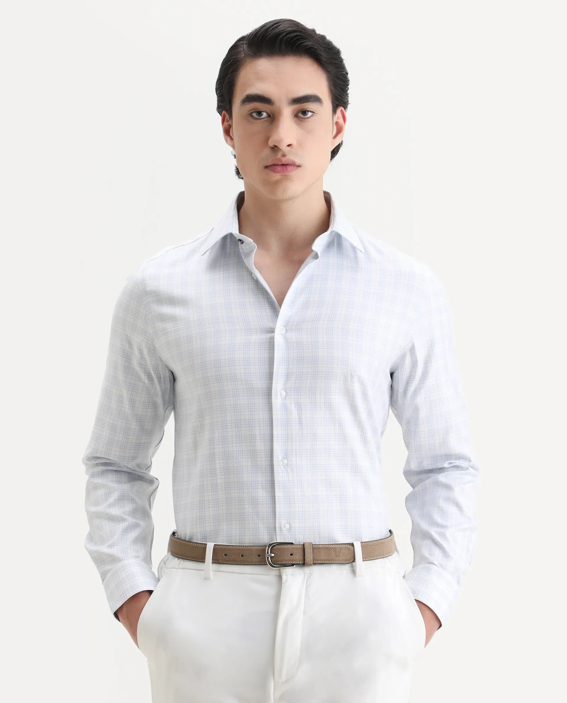 Rare Rabbit Men's Canis-25 Blue Cotton Blend Spread Collar Regular Fit Checked Shirt