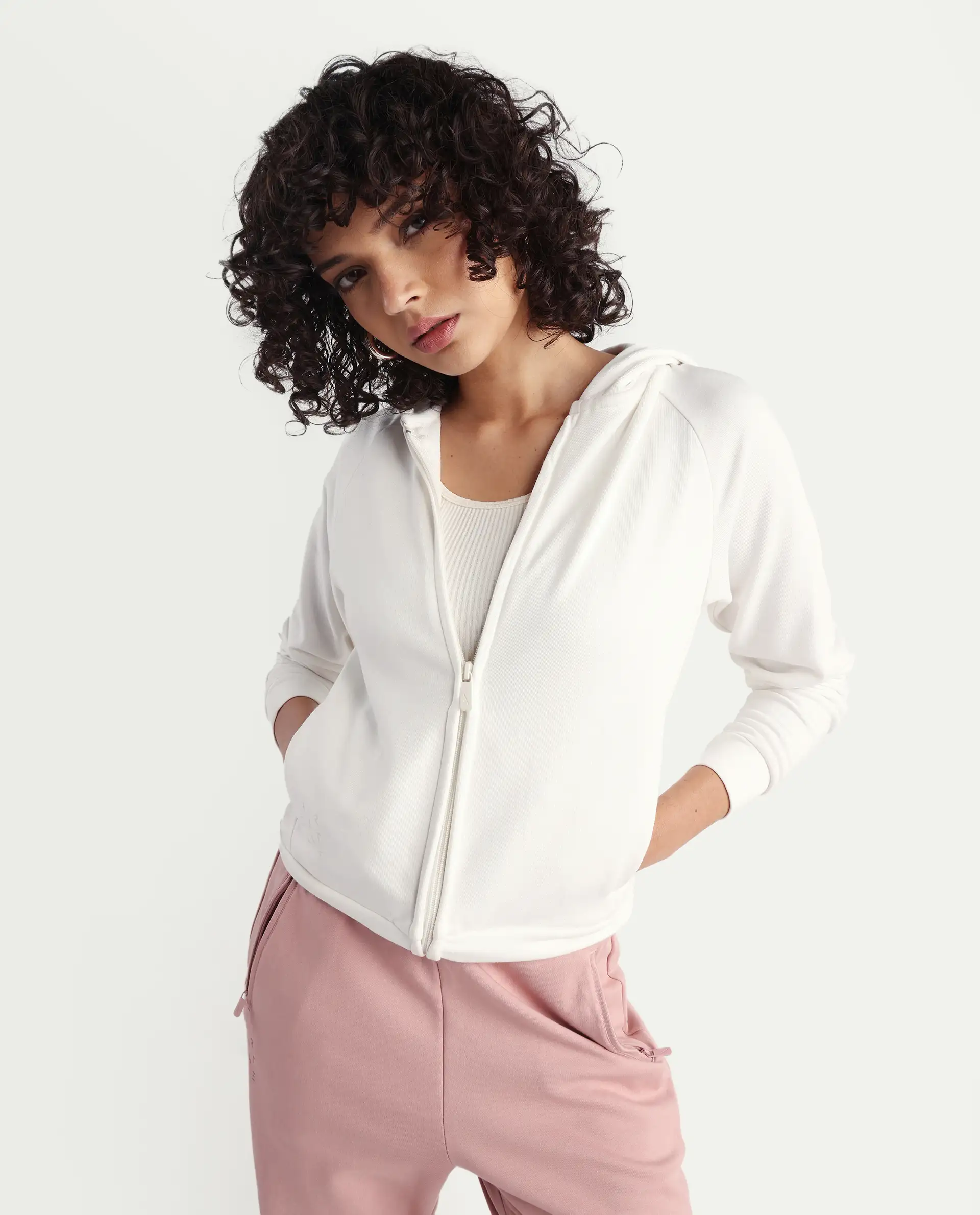 Rareism Women's Medium Weight Terry 290 Gsm Cotton Blend Hooded Plain Regular Fit Jacket