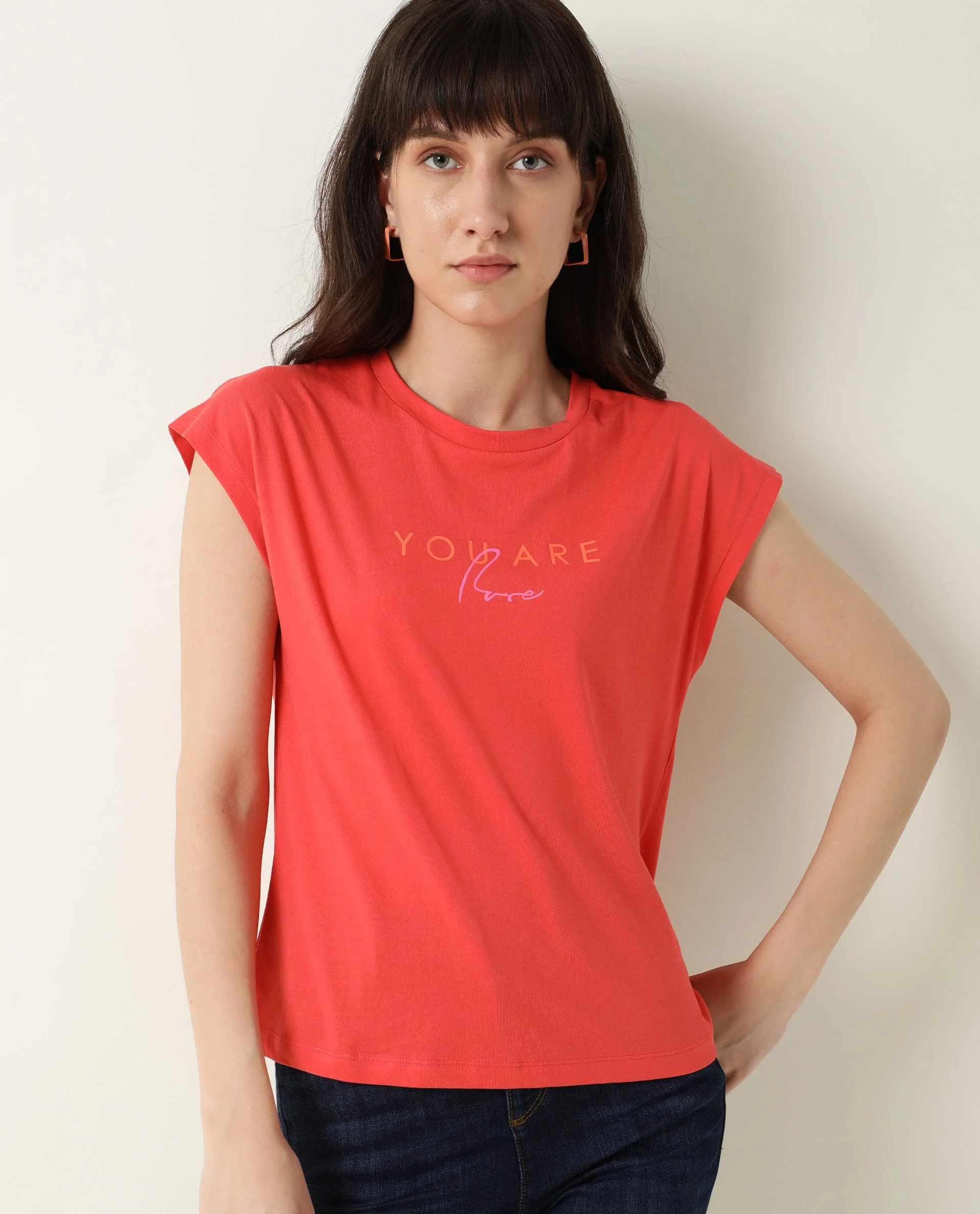 Rareism Women's Caprico Red Crew Neck Plain Knee Length Regular Fit T-Shirt