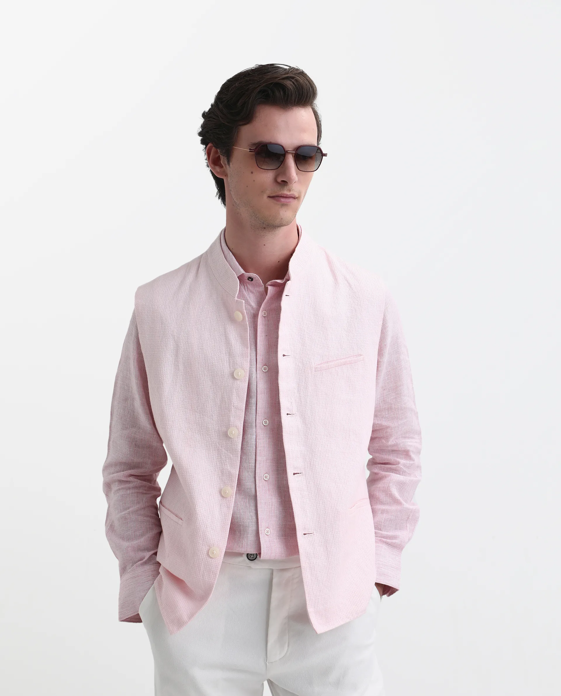 Rare Rabbit Men's Caps Pink Linen Plain Tailored Fit Sleeveless Mandarin Collar Bandhgala